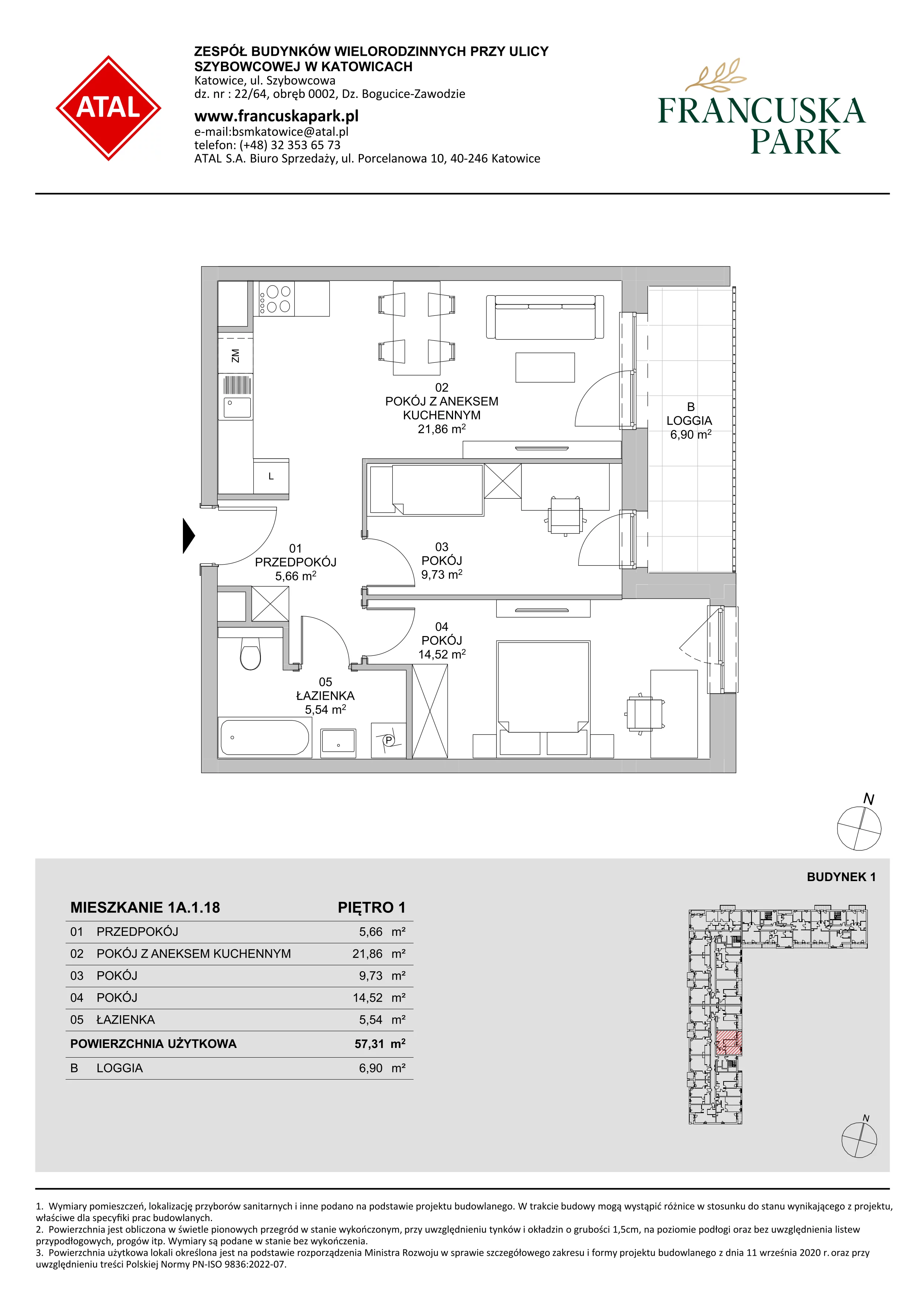 3 pokoje, mieszkanie 57,31 m², piętro 1, oferta nr 1A.1.18, Francuska Park VIIIB, Katowice, Osiedle Paderewskiego-Muchowiec, Muchowiec, ul. Szybowcowa
