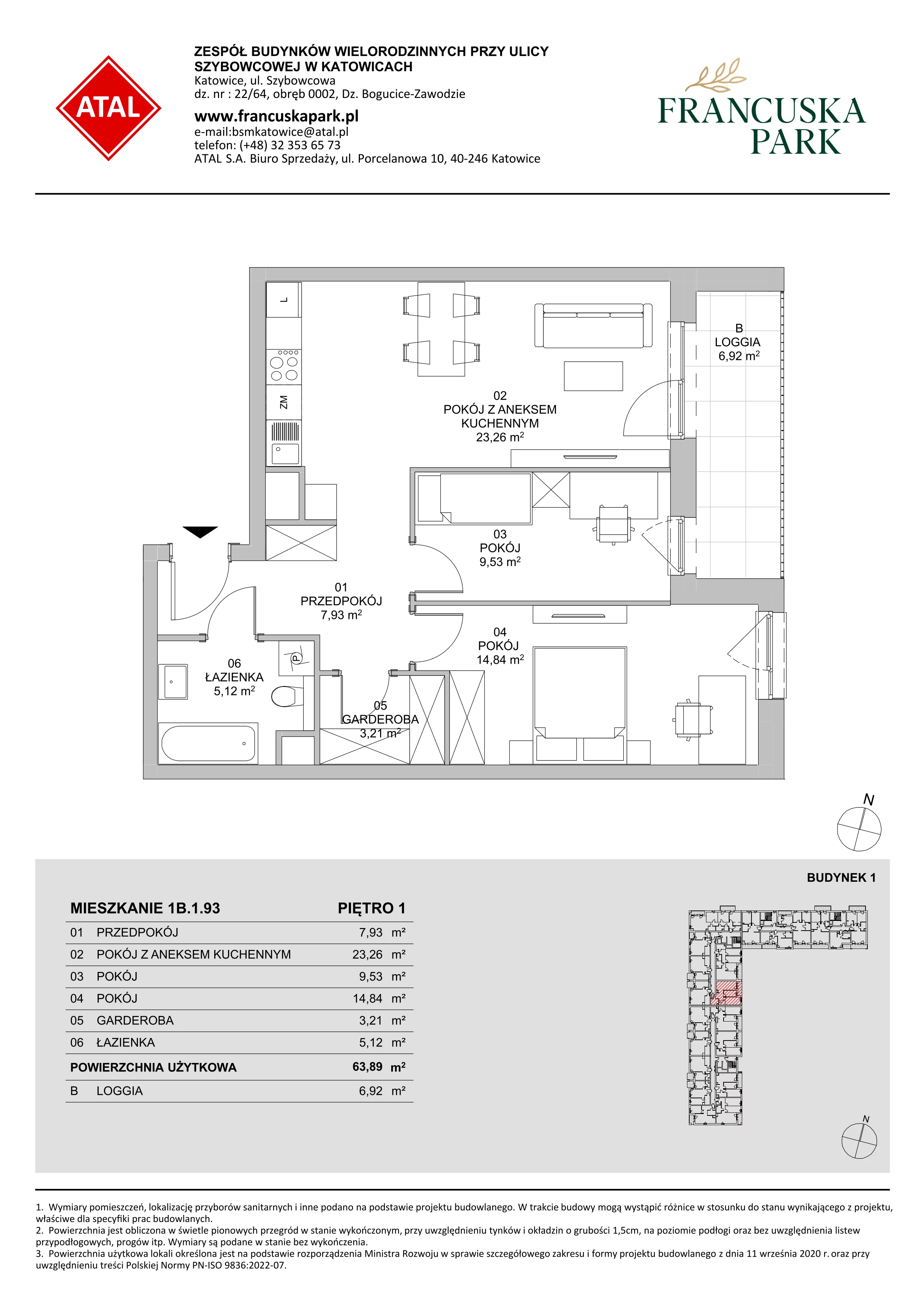 3 pokoje, mieszkanie 63,89 m², piętro 1, oferta nr 1B.1.93, Francuska Park VIIIB, Katowice, Osiedle Paderewskiego-Muchowiec, Muchowiec, ul. Szybowcowa