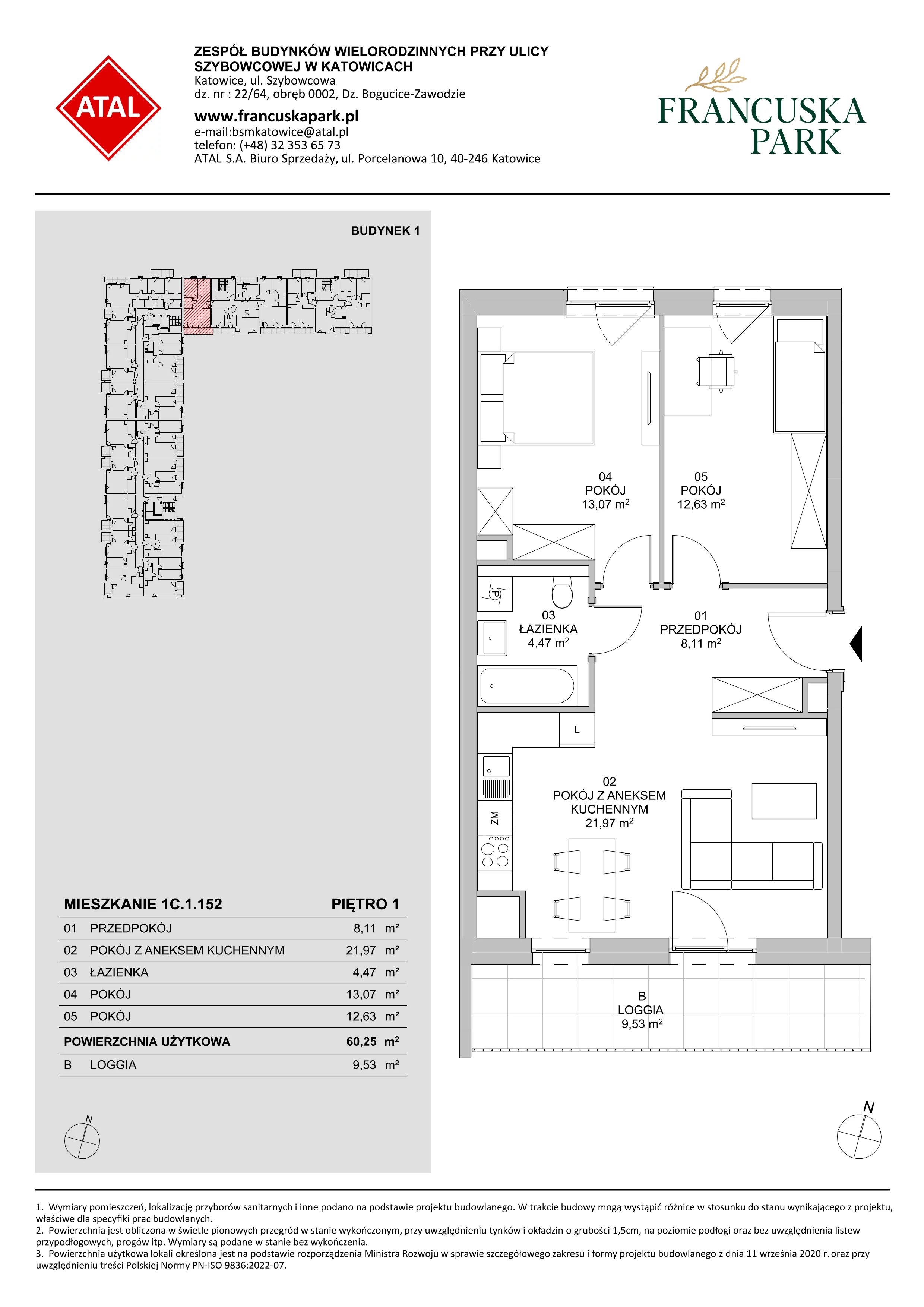 3 pokoje, mieszkanie 60,25 m², piętro 1, oferta nr 1C.1.152, Francuska Park VIIIB, Katowice, Osiedle Paderewskiego-Muchowiec, Muchowiec, ul. Szybowcowa