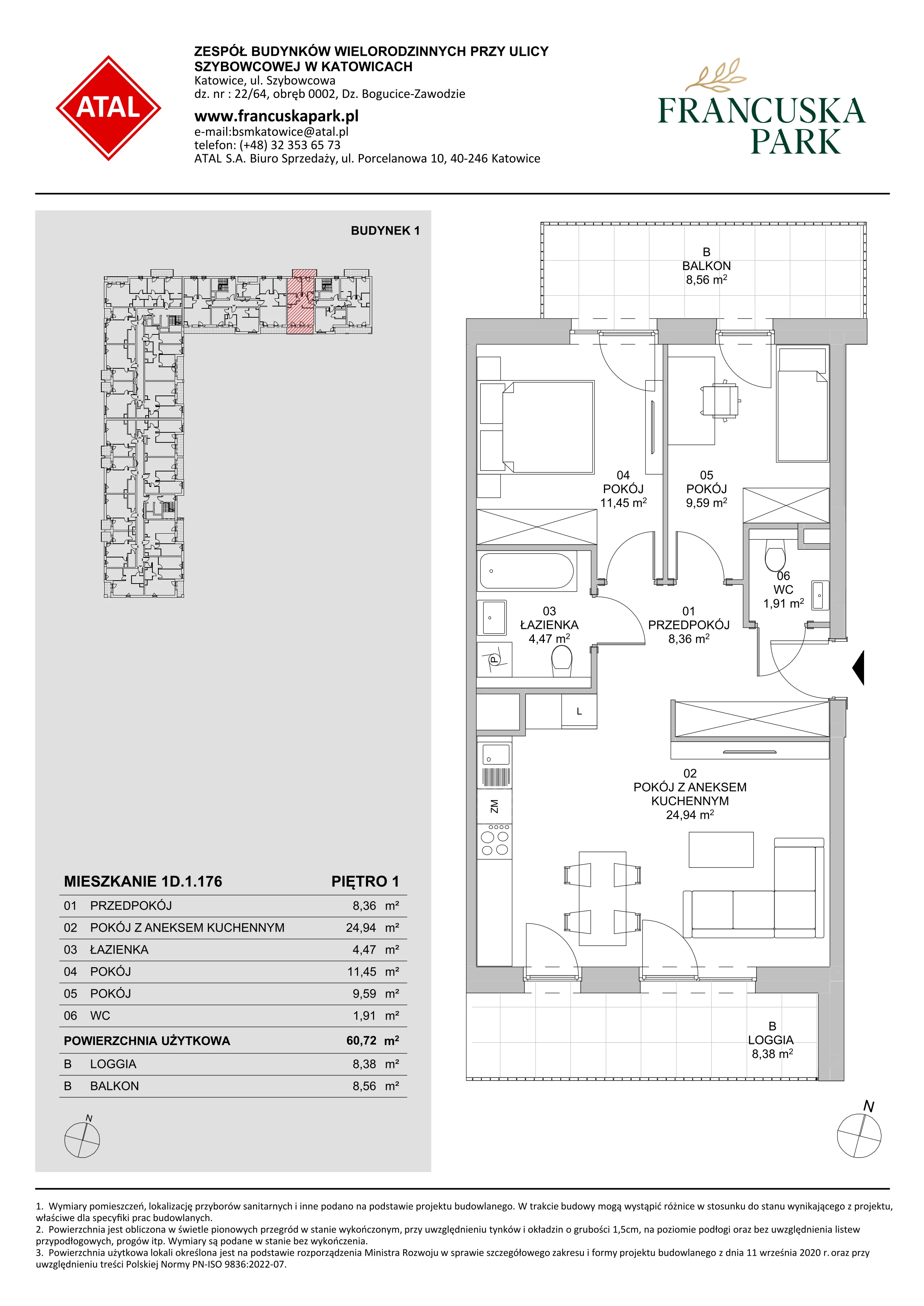 3 pokoje, mieszkanie 60,72 m², piętro 1, oferta nr 1D.1.176, Francuska Park VIIIB, Katowice, Osiedle Paderewskiego-Muchowiec, Muchowiec, ul. Szybowcowa
