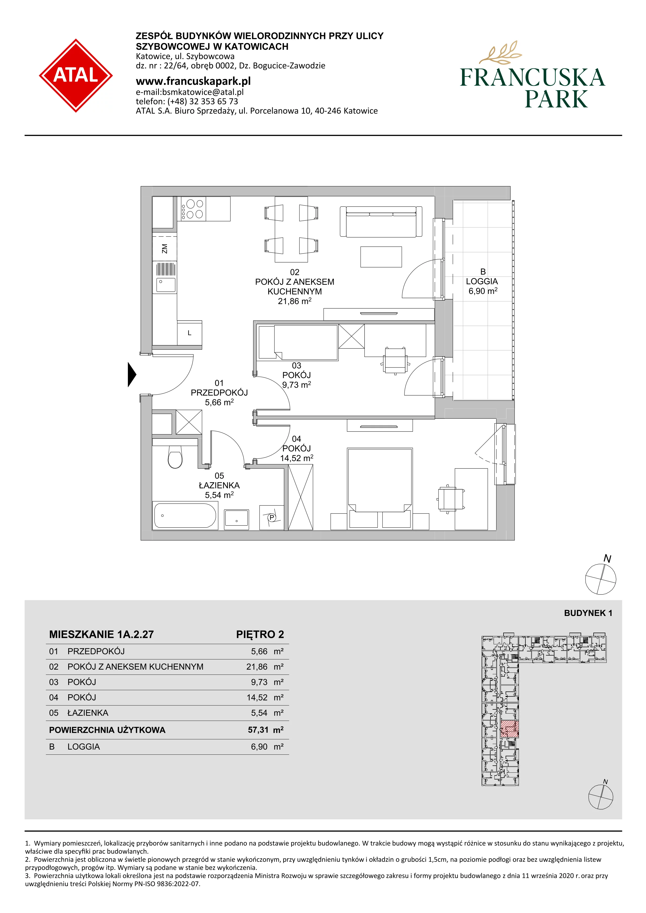 3 pokoje, mieszkanie 57,31 m², piętro 2, oferta nr 1A.2.27, Francuska Park VIIIB, Katowice, Osiedle Paderewskiego-Muchowiec, Muchowiec, ul. Szybowcowa