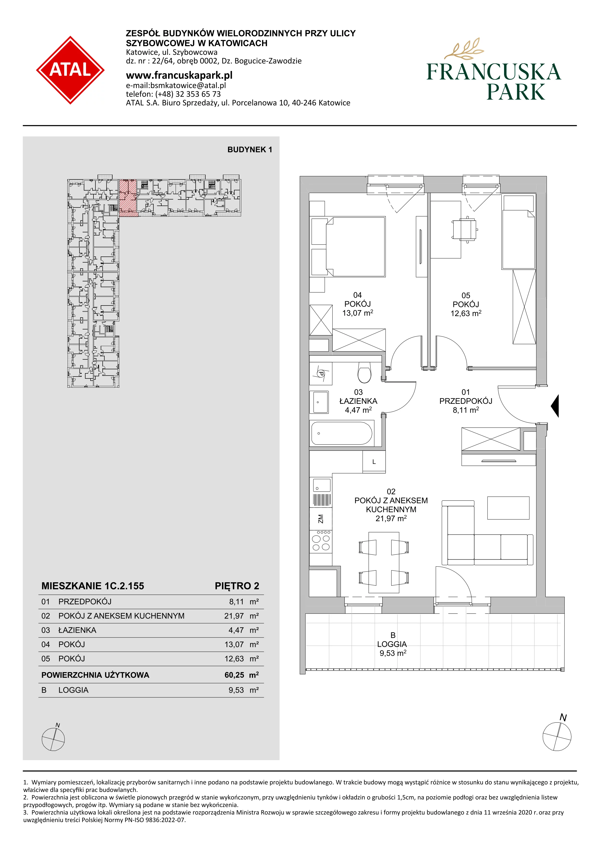 3 pokoje, mieszkanie 60,25 m², piętro 2, oferta nr 1C.2.155, Francuska Park VIIIB, Katowice, Osiedle Paderewskiego-Muchowiec, Muchowiec, ul. Szybowcowa