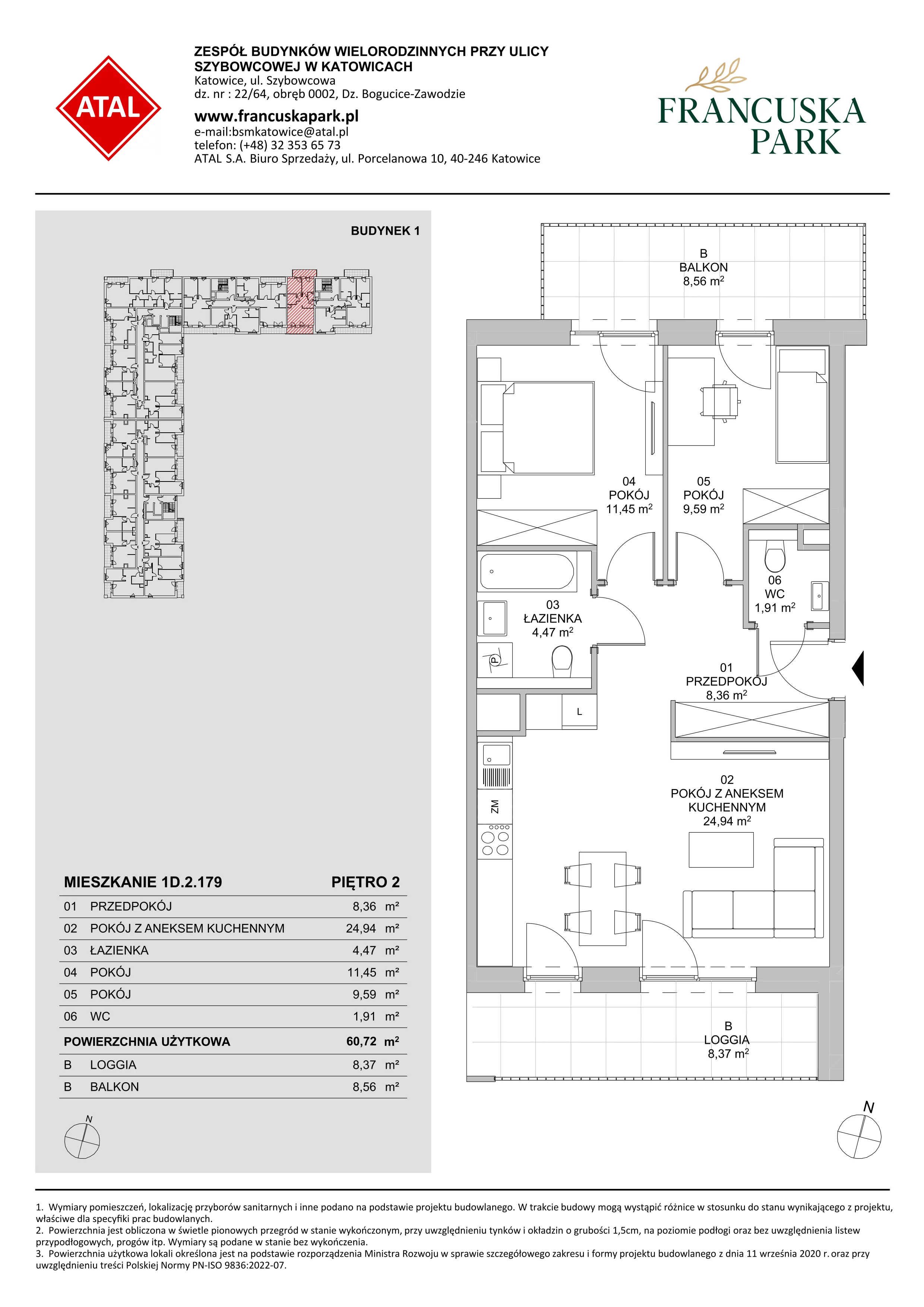 3 pokoje, mieszkanie 60,72 m², piętro 2, oferta nr 1D.2.179, Francuska Park VIIIB, Katowice, Osiedle Paderewskiego-Muchowiec, Muchowiec, ul. Szybowcowa