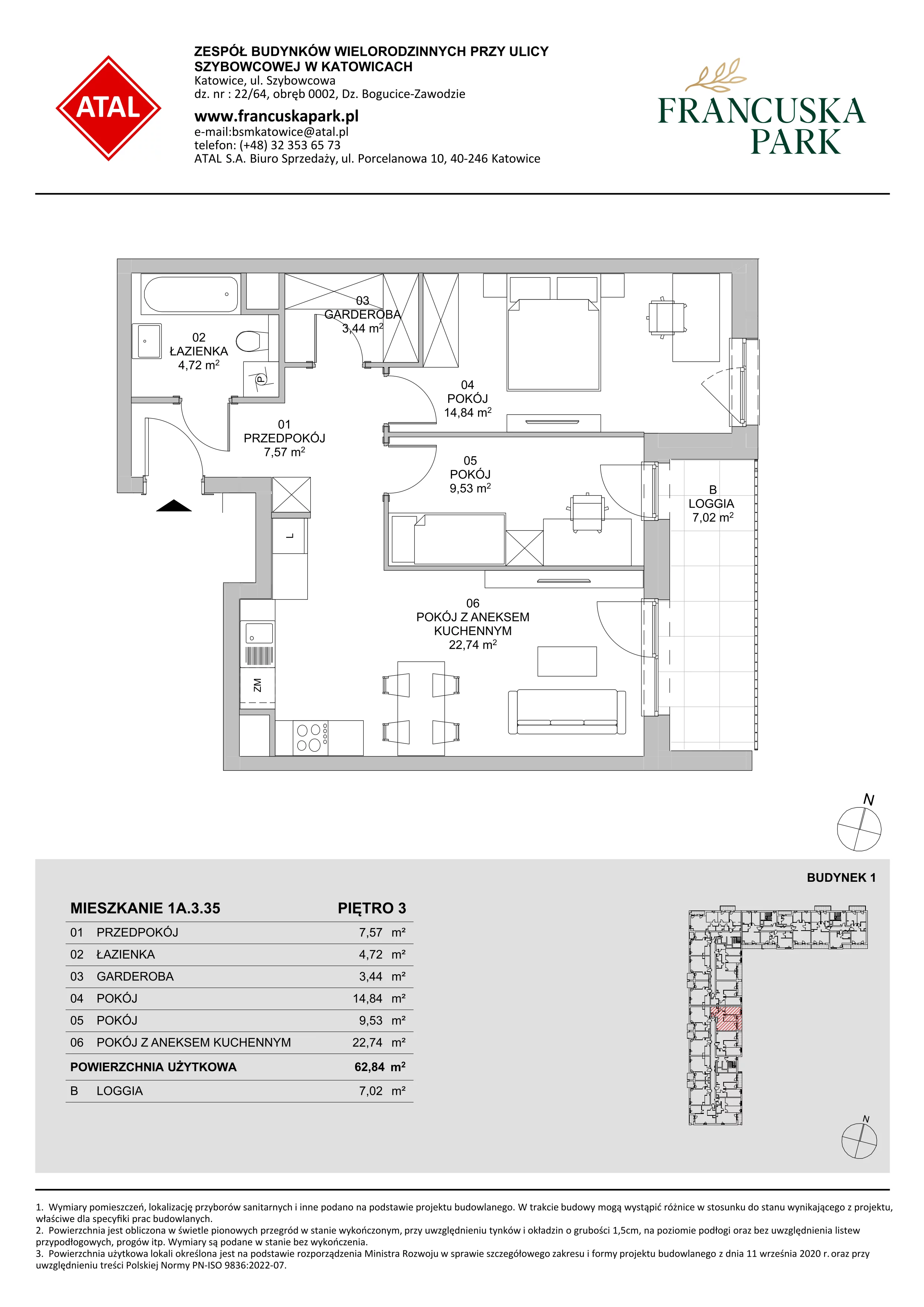 3 pokoje, mieszkanie 62,87 m², piętro 3, oferta nr 1A.3.35, Francuska Park VIIIB, Katowice, Osiedle Paderewskiego-Muchowiec, Muchowiec, ul. Szybowcowa
