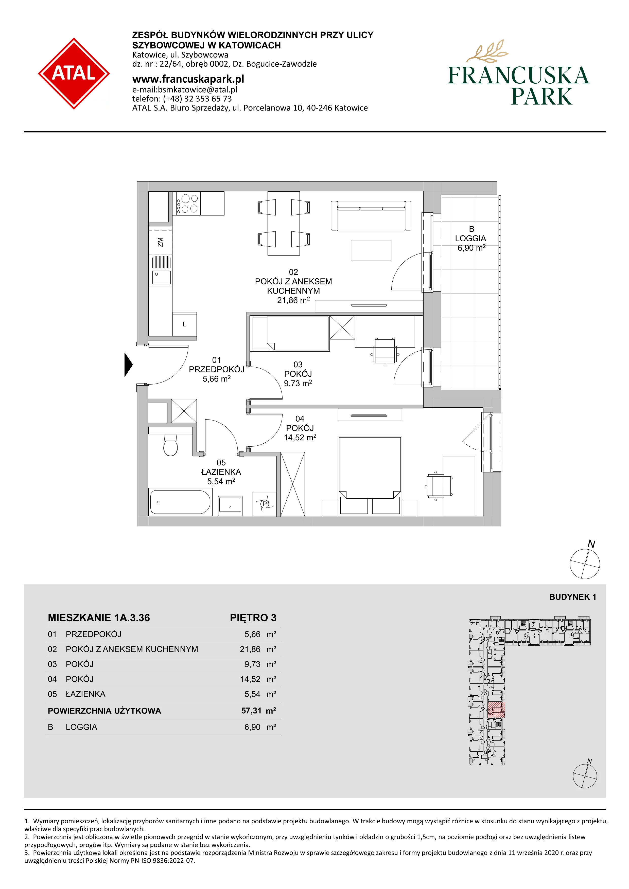 3 pokoje, mieszkanie 57,31 m², piętro 3, oferta nr 1A.3.36, Francuska Park VIIIB, Katowice, Osiedle Paderewskiego-Muchowiec, Muchowiec, ul. Szybowcowa