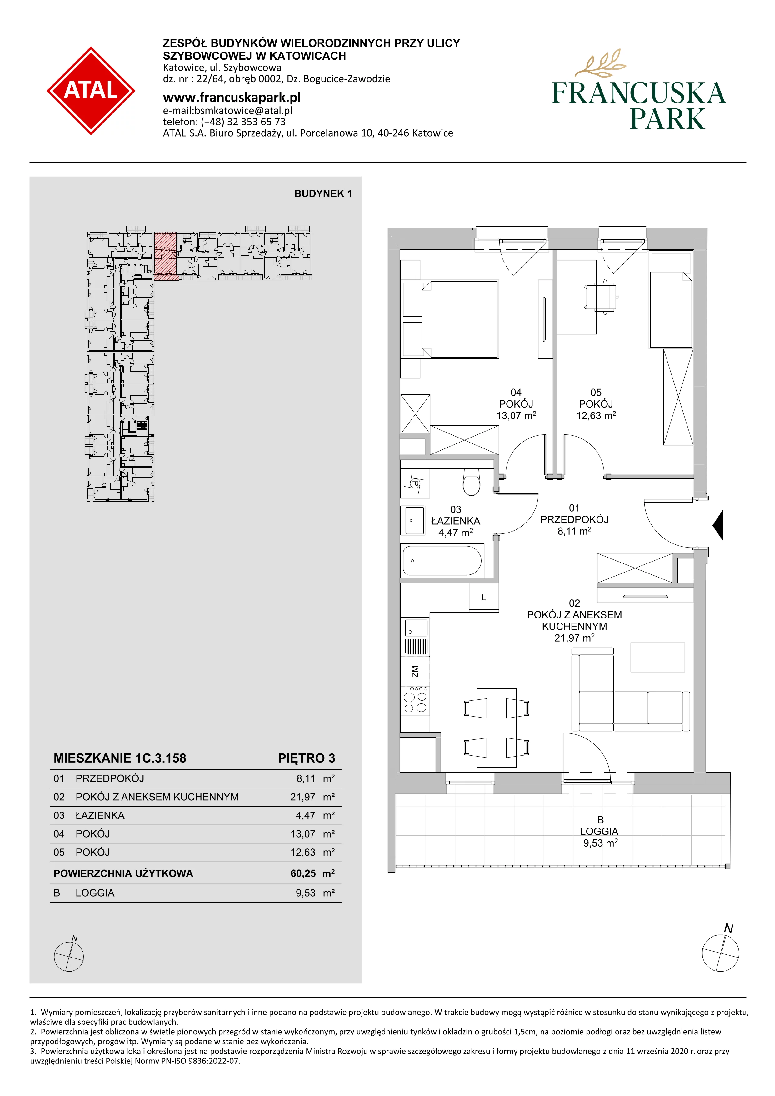 3 pokoje, mieszkanie 60,25 m², piętro 3, oferta nr 1C.3.158, Francuska Park VIIIB, Katowice, Osiedle Paderewskiego-Muchowiec, Muchowiec, ul. Szybowcowa