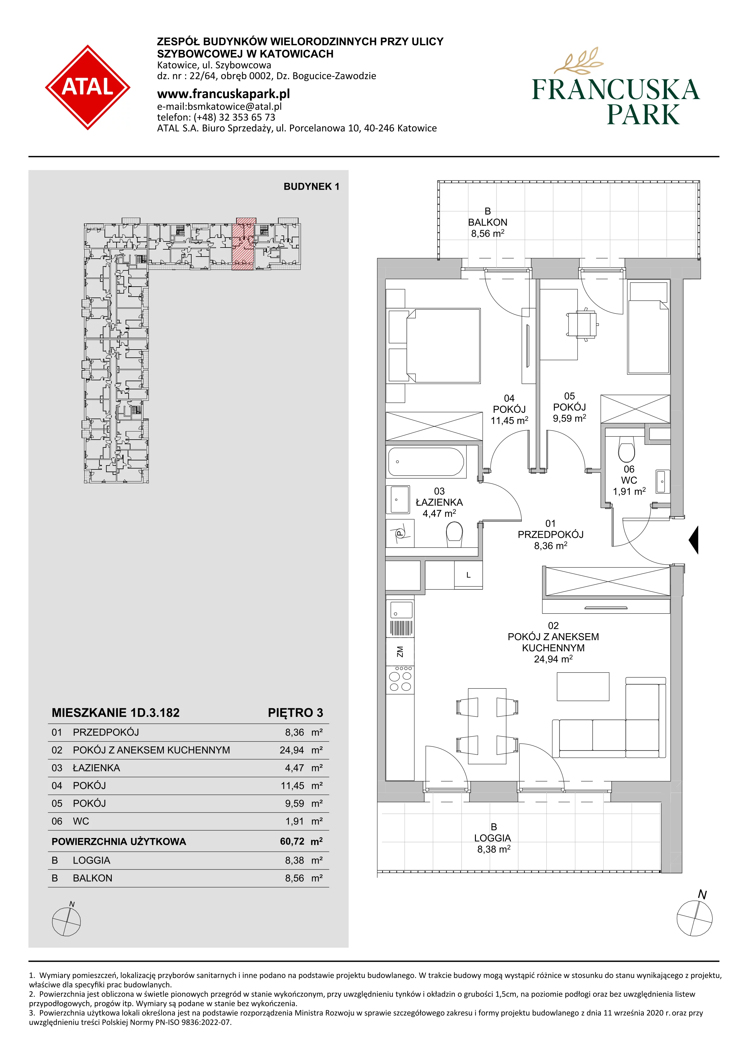 3 pokoje, mieszkanie 60,72 m², piętro 3, oferta nr 1D.3.182, Francuska Park VIIIB, Katowice, Osiedle Paderewskiego-Muchowiec, Muchowiec, ul. Szybowcowa