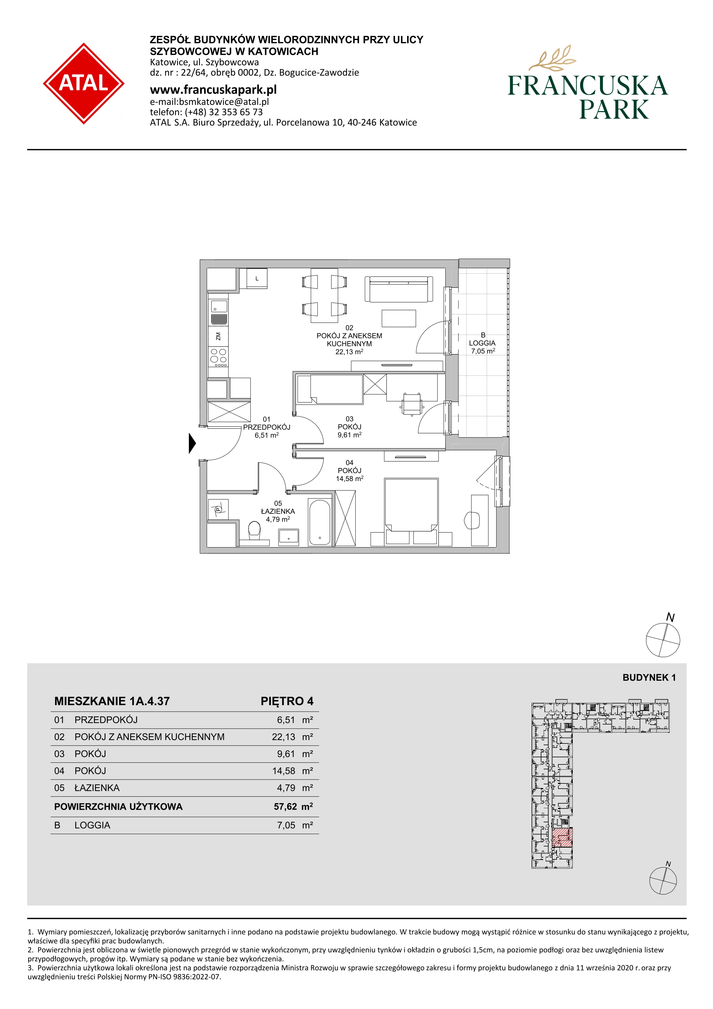 3 pokoje, mieszkanie 57,89 m², piętro 4, oferta nr 1A.4.37, Francuska Park VIIIB, Katowice, Osiedle Paderewskiego-Muchowiec, Muchowiec, ul. Szybowcowa