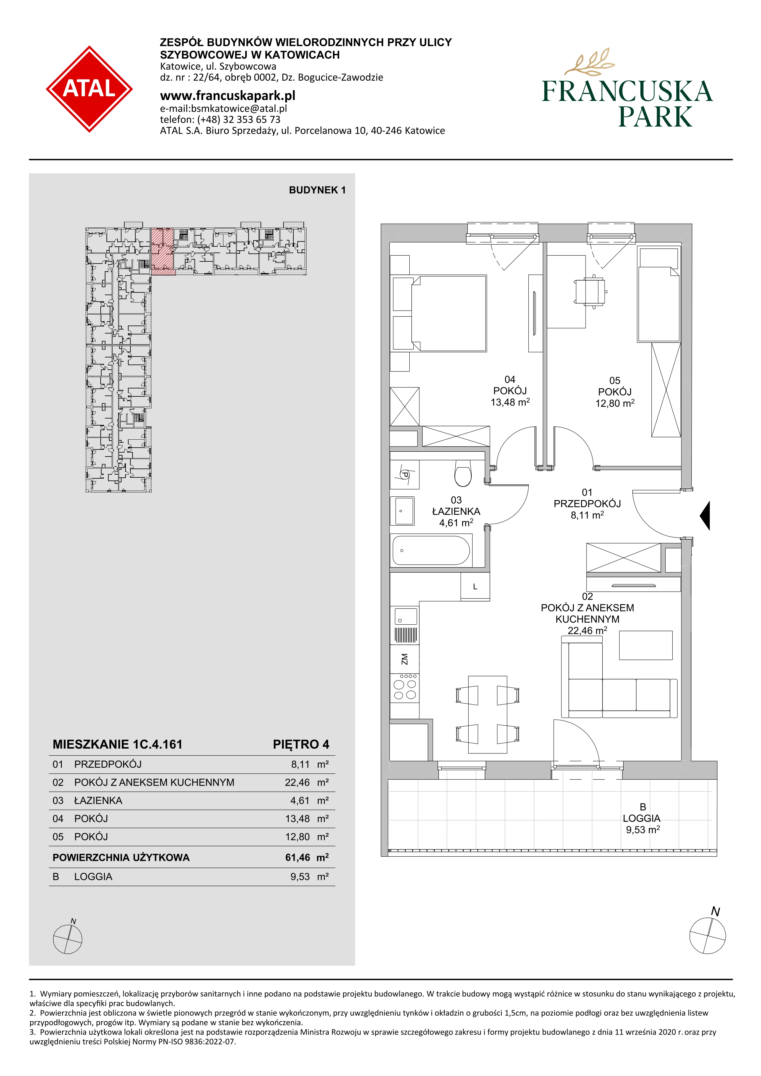 3 pokoje, mieszkanie 61,46 m², piętro 4, oferta nr 1C.4.161, Francuska Park VIIIB, Katowice, Osiedle Paderewskiego-Muchowiec, Muchowiec, ul. Szybowcowa