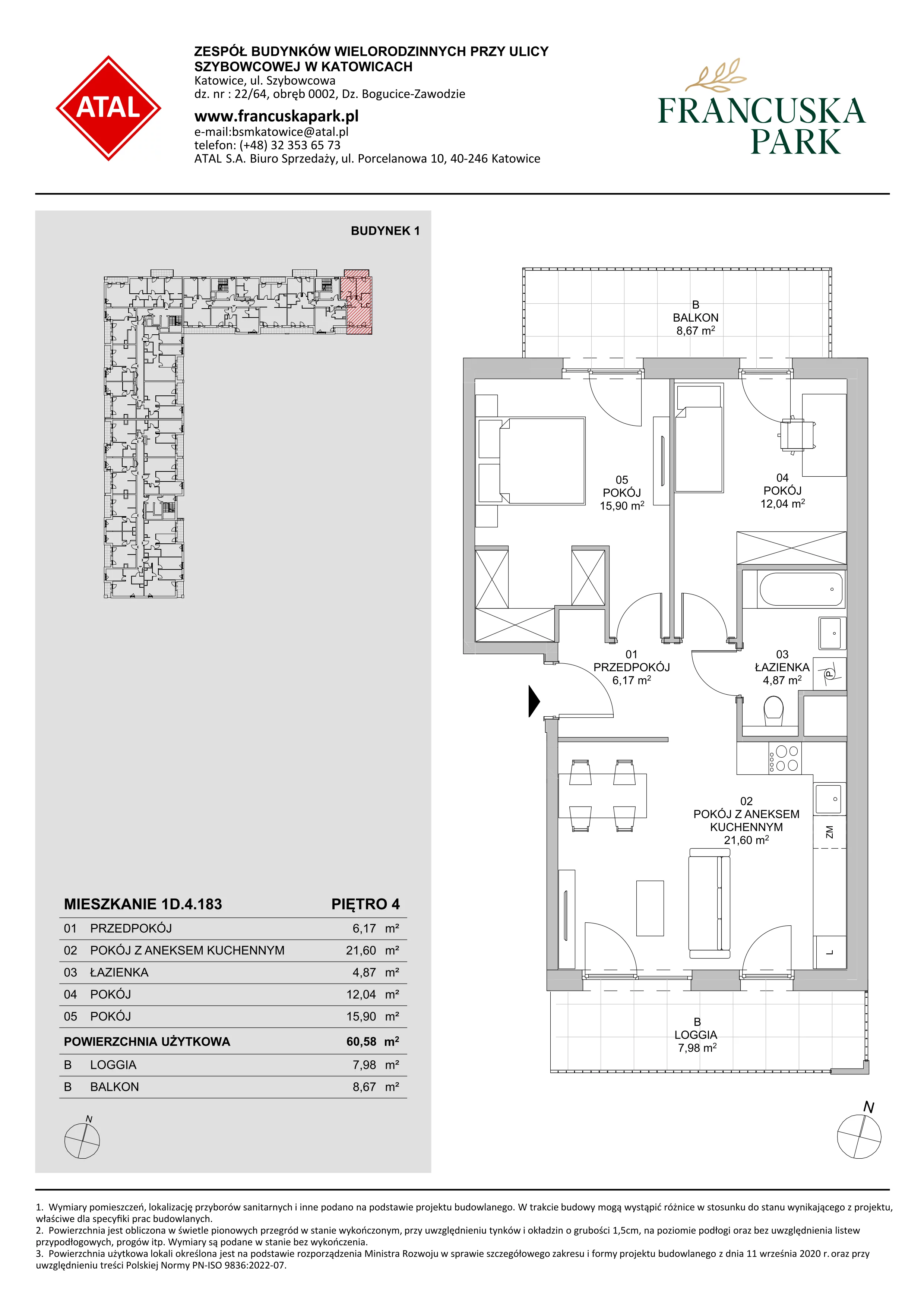 3 pokoje, mieszkanie 60,58 m², piętro 4, oferta nr 1D.4.183, Francuska Park VIIIB, Katowice, Osiedle Paderewskiego-Muchowiec, Muchowiec, ul. Szybowcowa