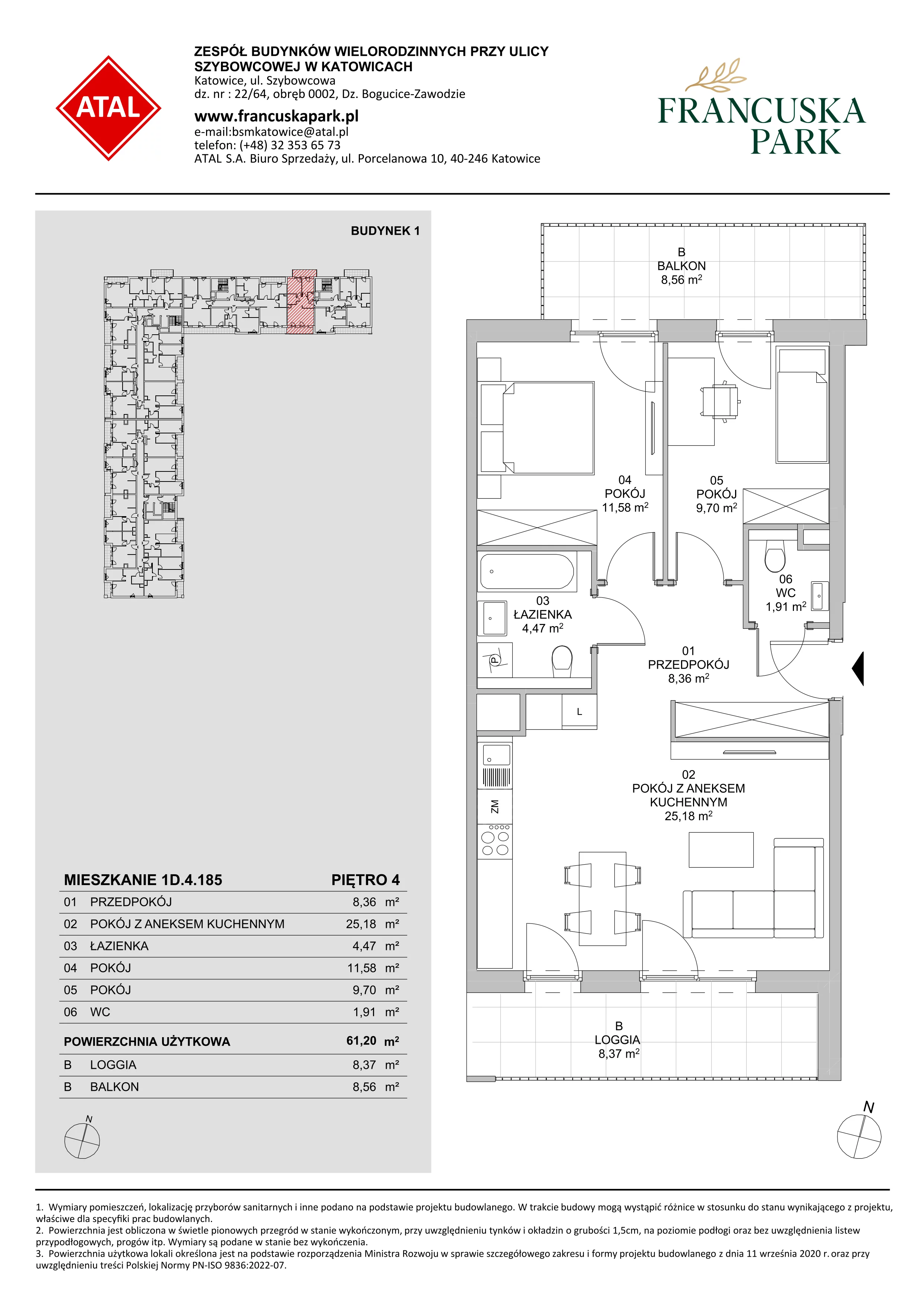 3 pokoje, mieszkanie 61,20 m², piętro 4, oferta nr 1D.4.185, Francuska Park VIIIB, Katowice, Osiedle Paderewskiego-Muchowiec, Muchowiec, ul. Szybowcowa