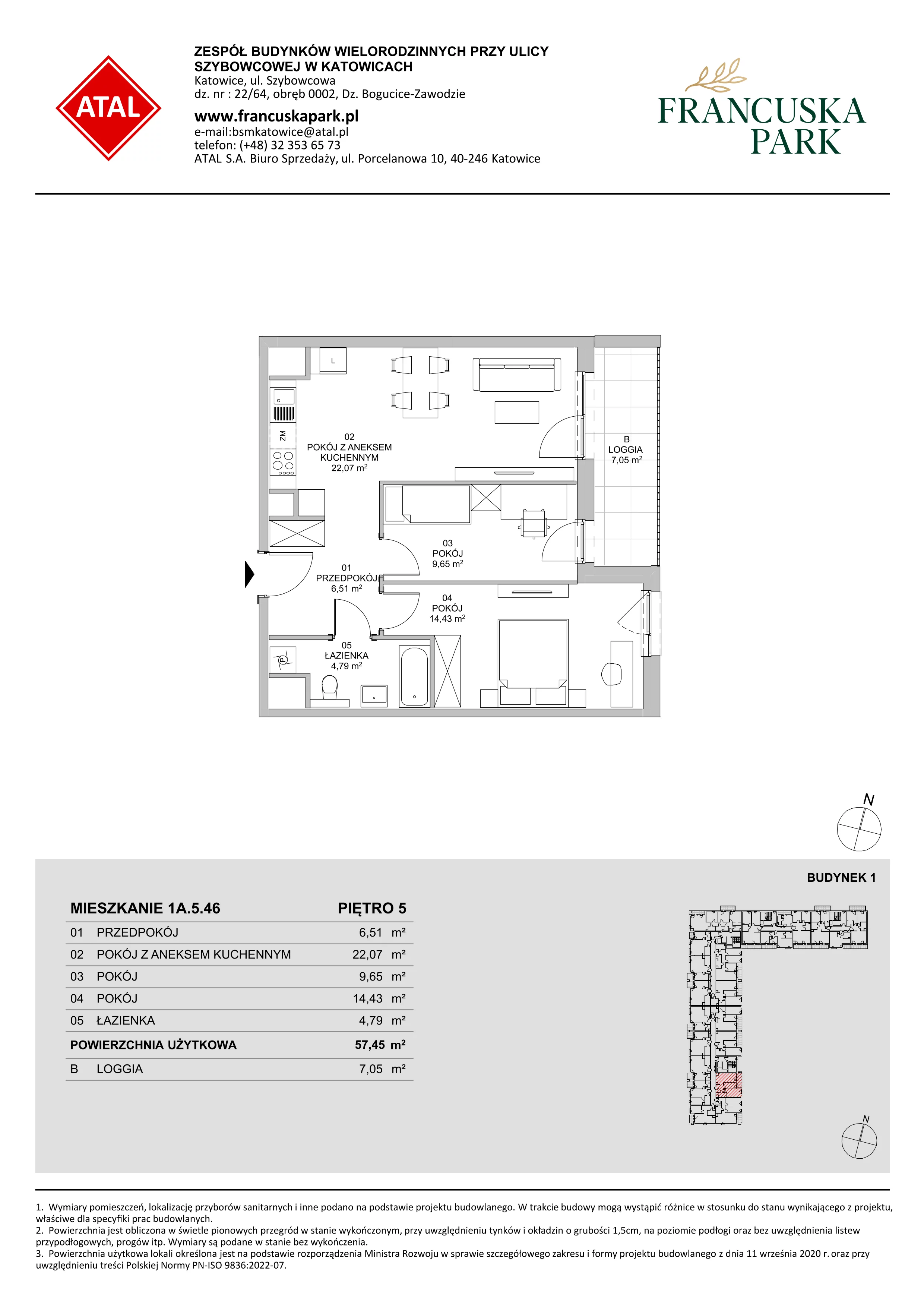 3 pokoje, mieszkanie 57,45 m², piętro 5, oferta nr 1A.5.46, Francuska Park VIIIB, Katowice, Osiedle Paderewskiego-Muchowiec, Muchowiec, ul. Szybowcowa