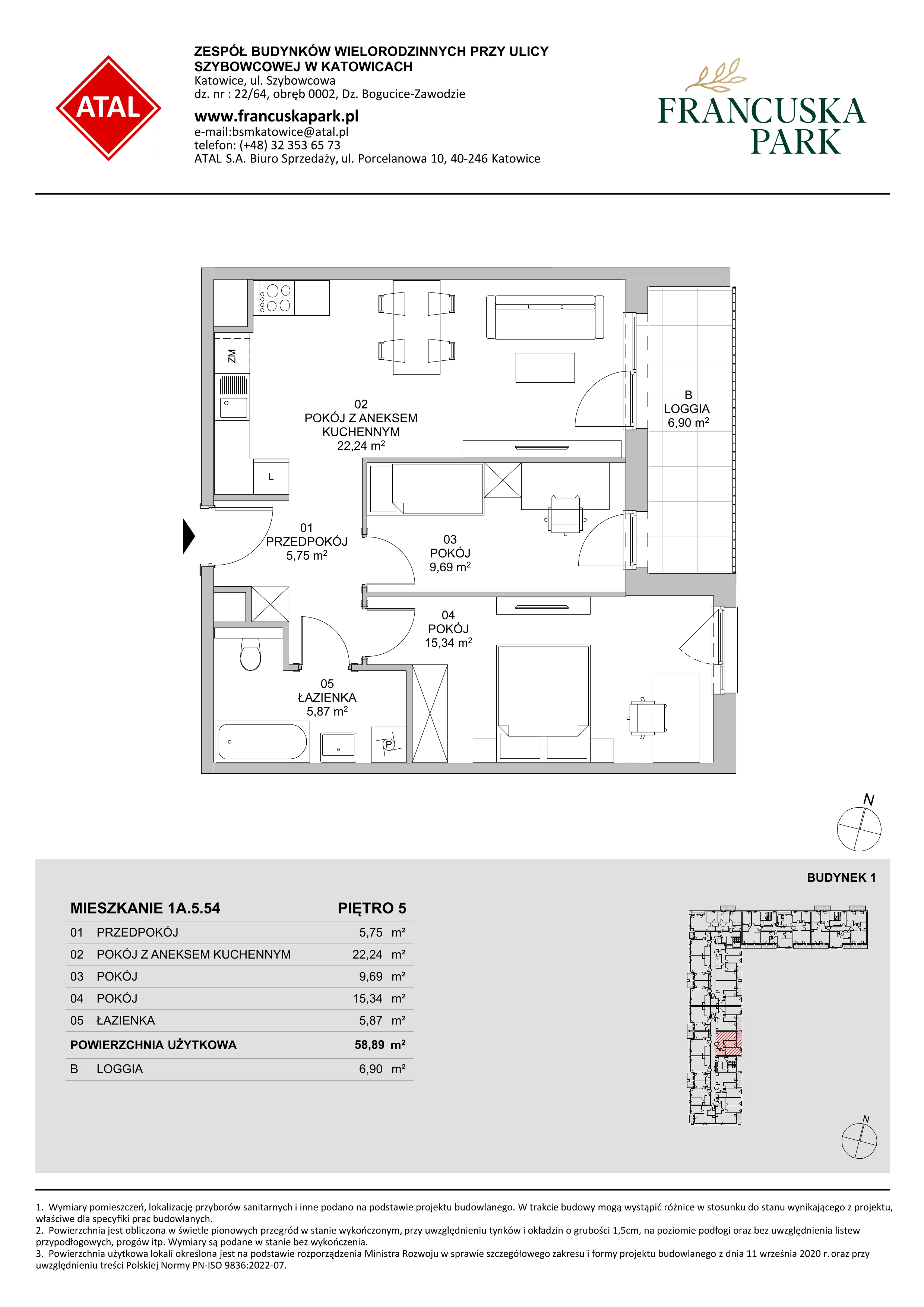 3 pokoje, mieszkanie 58,89 m², piętro 5, oferta nr 1A.5.54, Francuska Park VIIIB, Katowice, Osiedle Paderewskiego-Muchowiec, Muchowiec, ul. Szybowcowa