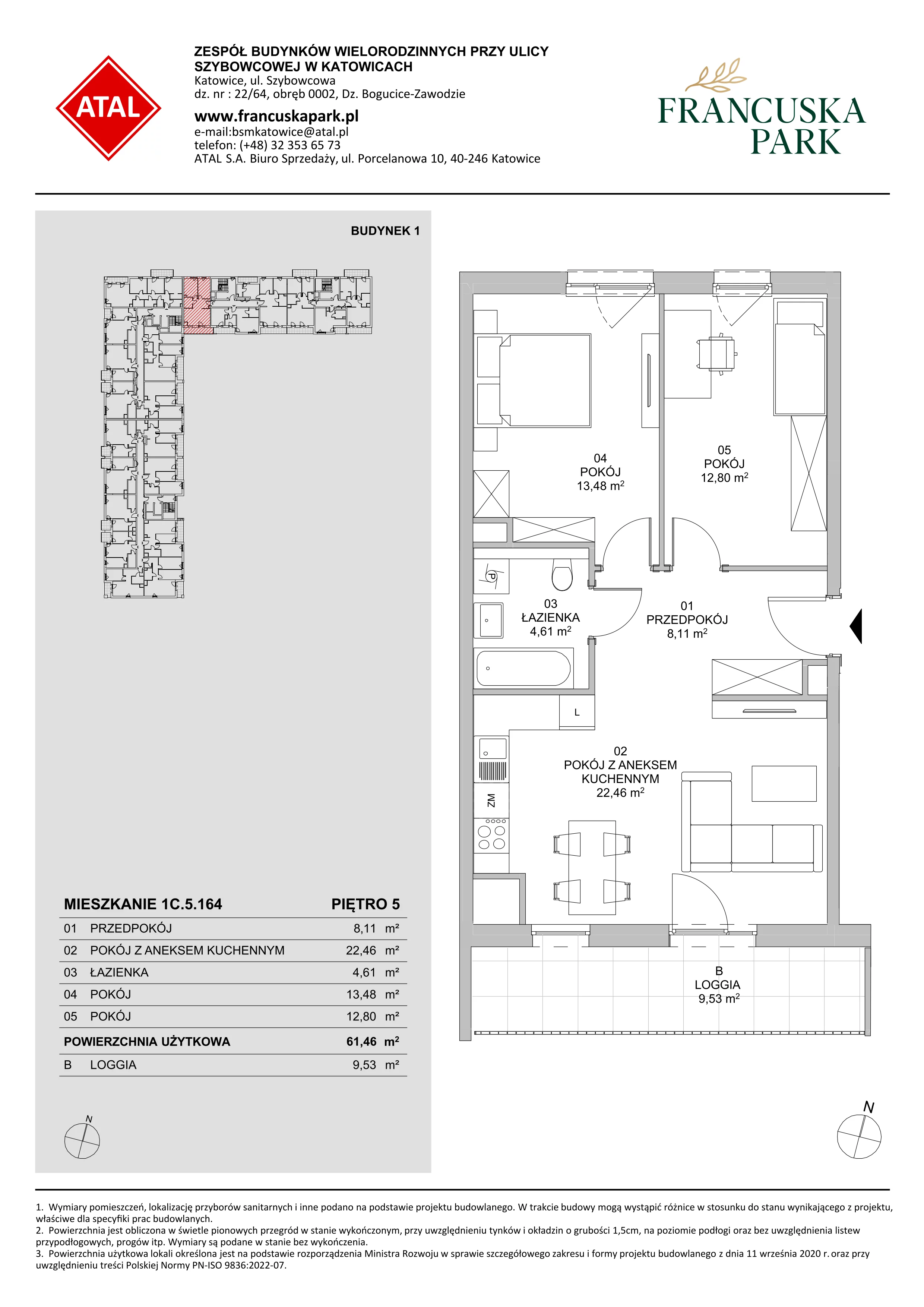 3 pokoje, mieszkanie 61,46 m², piętro 5, oferta nr 1C.5.164, Francuska Park VIIIB, Katowice, Osiedle Paderewskiego-Muchowiec, Muchowiec, ul. Szybowcowa