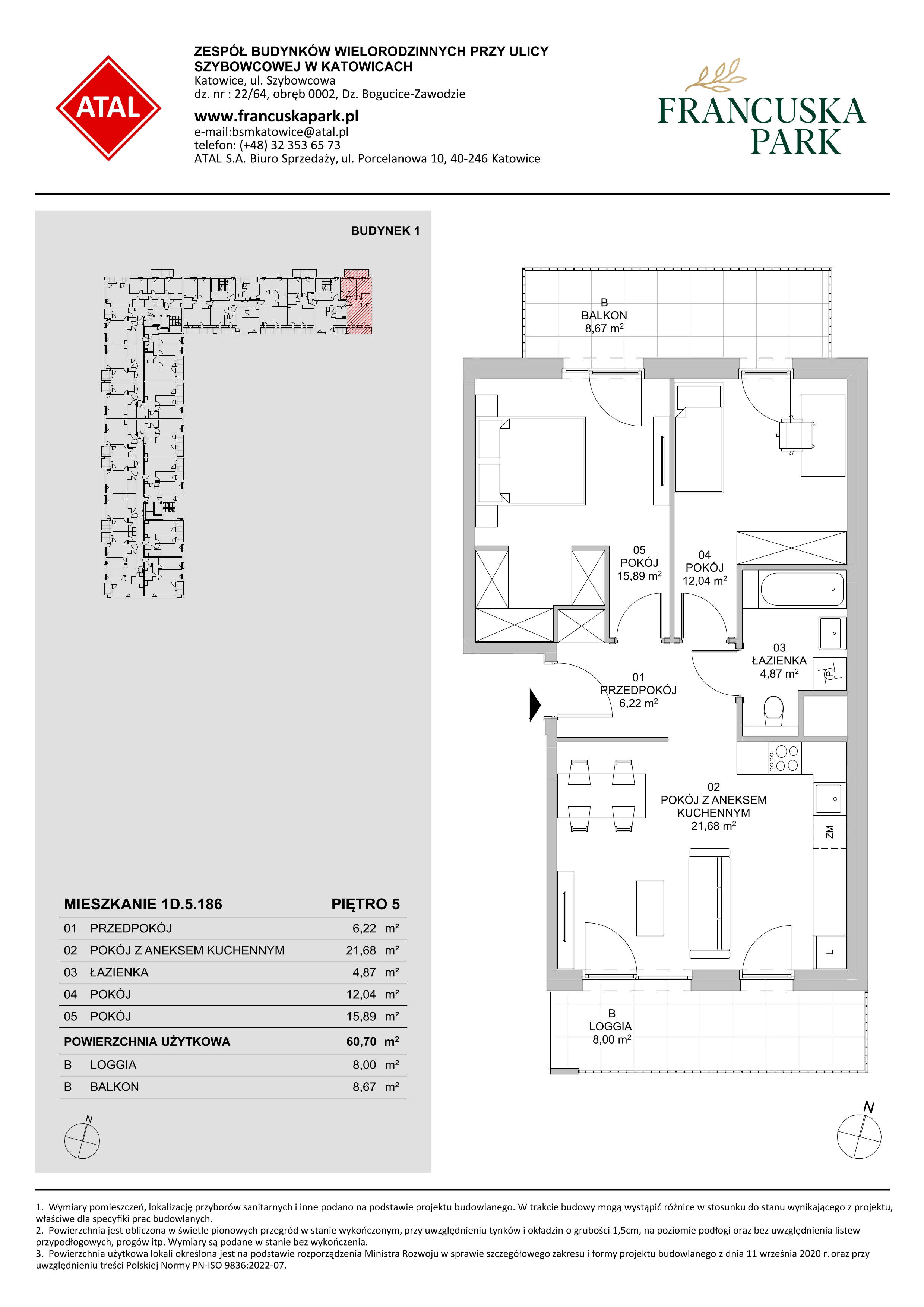 3 pokoje, mieszkanie 60,70 m², piętro 5, oferta nr 1D.5.186, Francuska Park VIIIB, Katowice, Osiedle Paderewskiego-Muchowiec, Muchowiec, ul. Szybowcowa