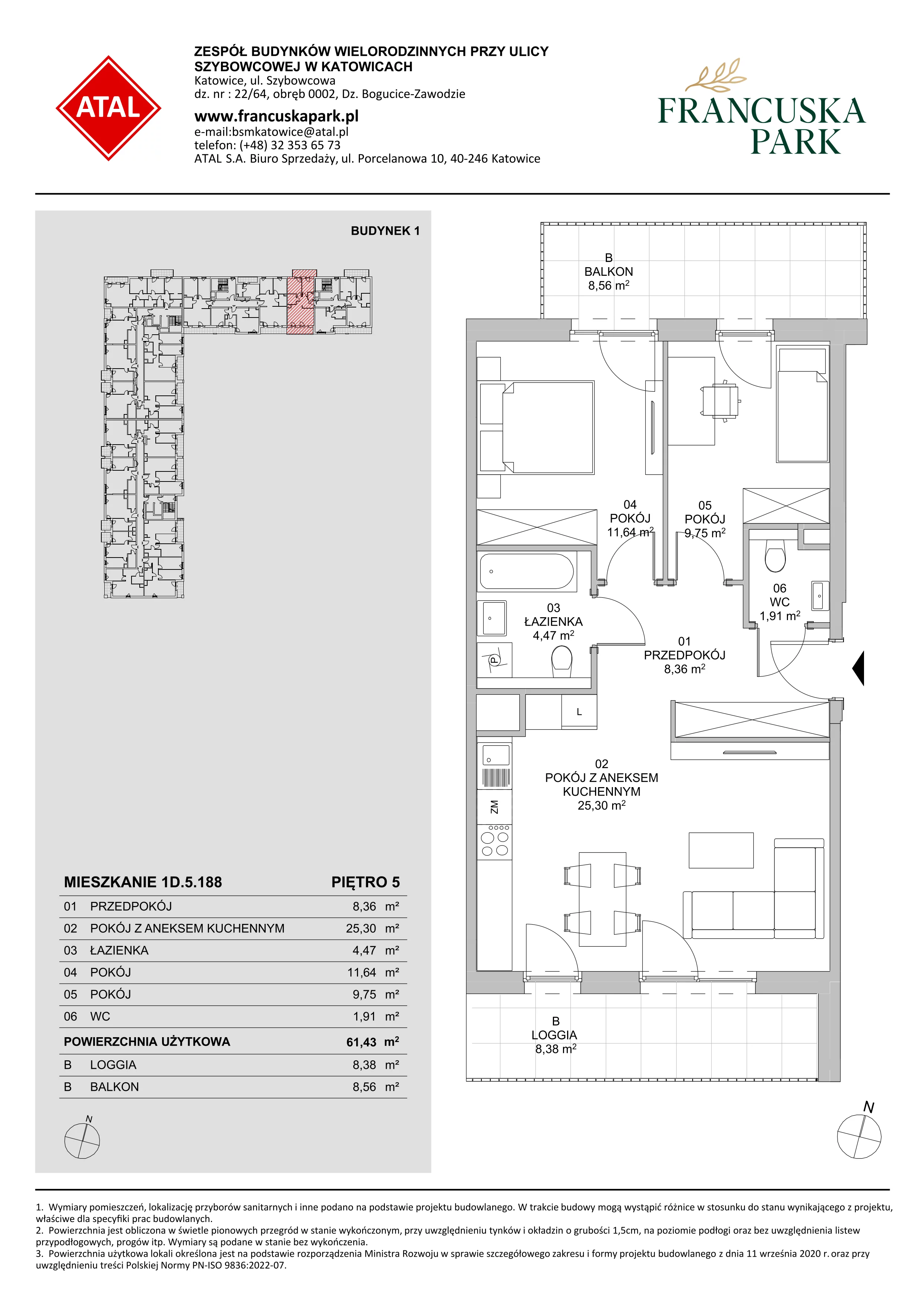 3 pokoje, mieszkanie 61,43 m², piętro 5, oferta nr 1D.5.188, Francuska Park VIIIB, Katowice, Osiedle Paderewskiego-Muchowiec, Muchowiec, ul. Szybowcowa