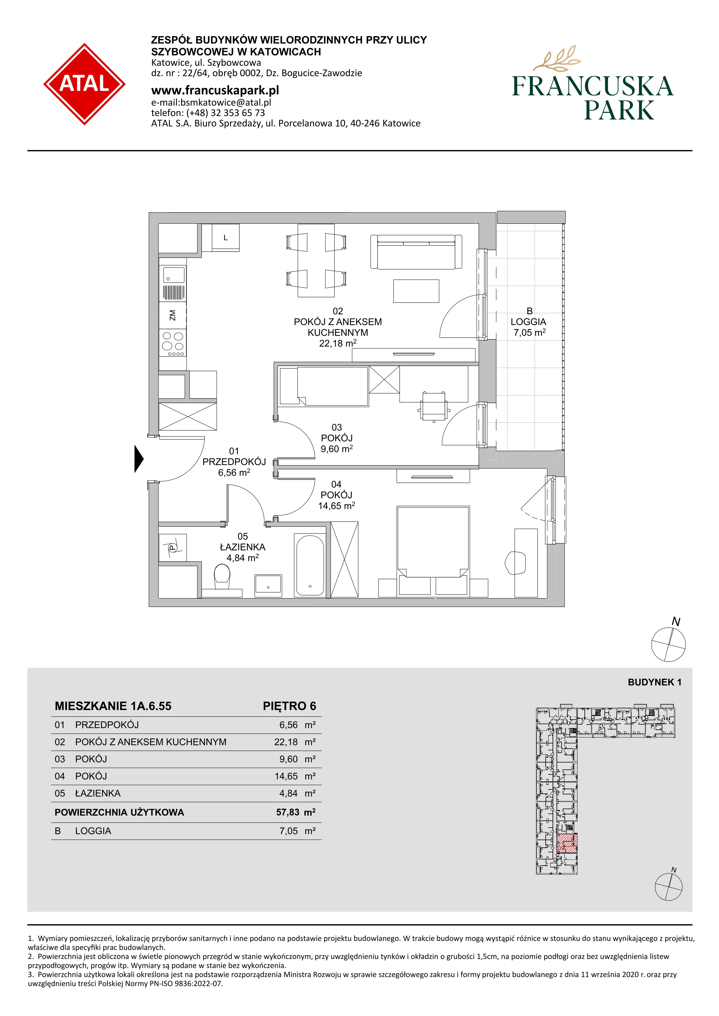 3 pokoje, mieszkanie 57,83 m², piętro 6, oferta nr 1A.6.55, Francuska Park VIIIB, Katowice, Osiedle Paderewskiego-Muchowiec, Muchowiec, ul. Szybowcowa