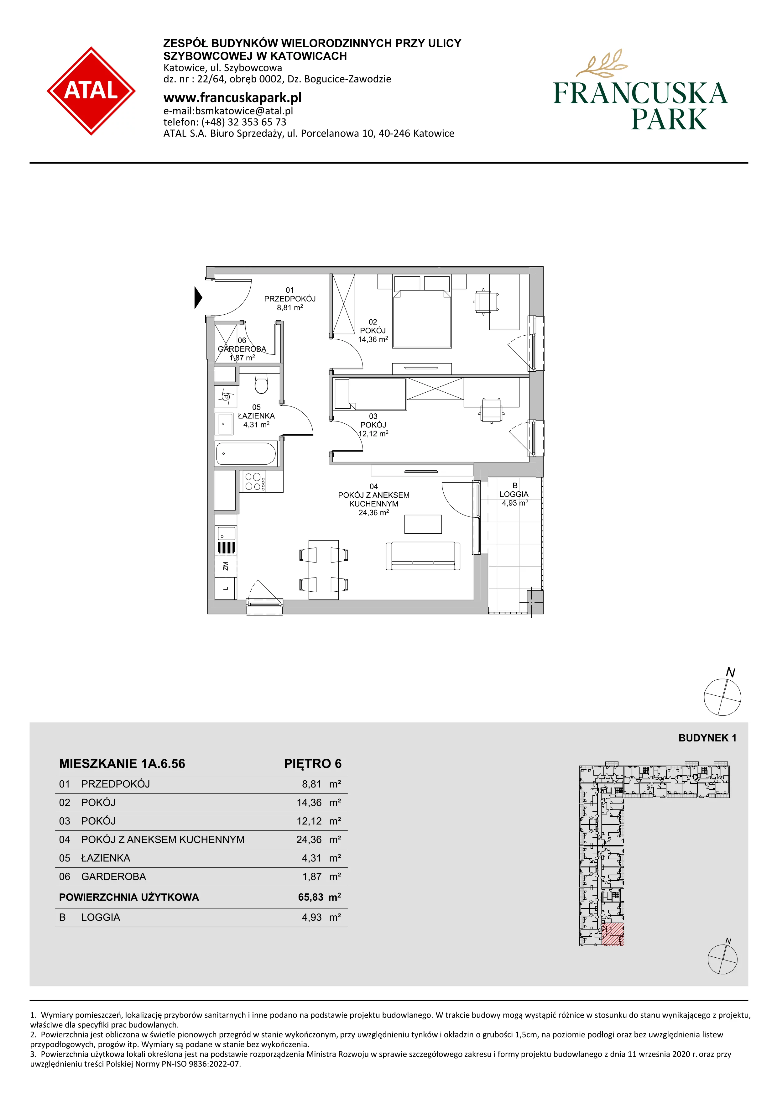 3 pokoje, mieszkanie 65,83 m², piętro 6, oferta nr 1A.6.56, Francuska Park VIIIB, Katowice, Osiedle Paderewskiego-Muchowiec, Muchowiec, ul. Szybowcowa