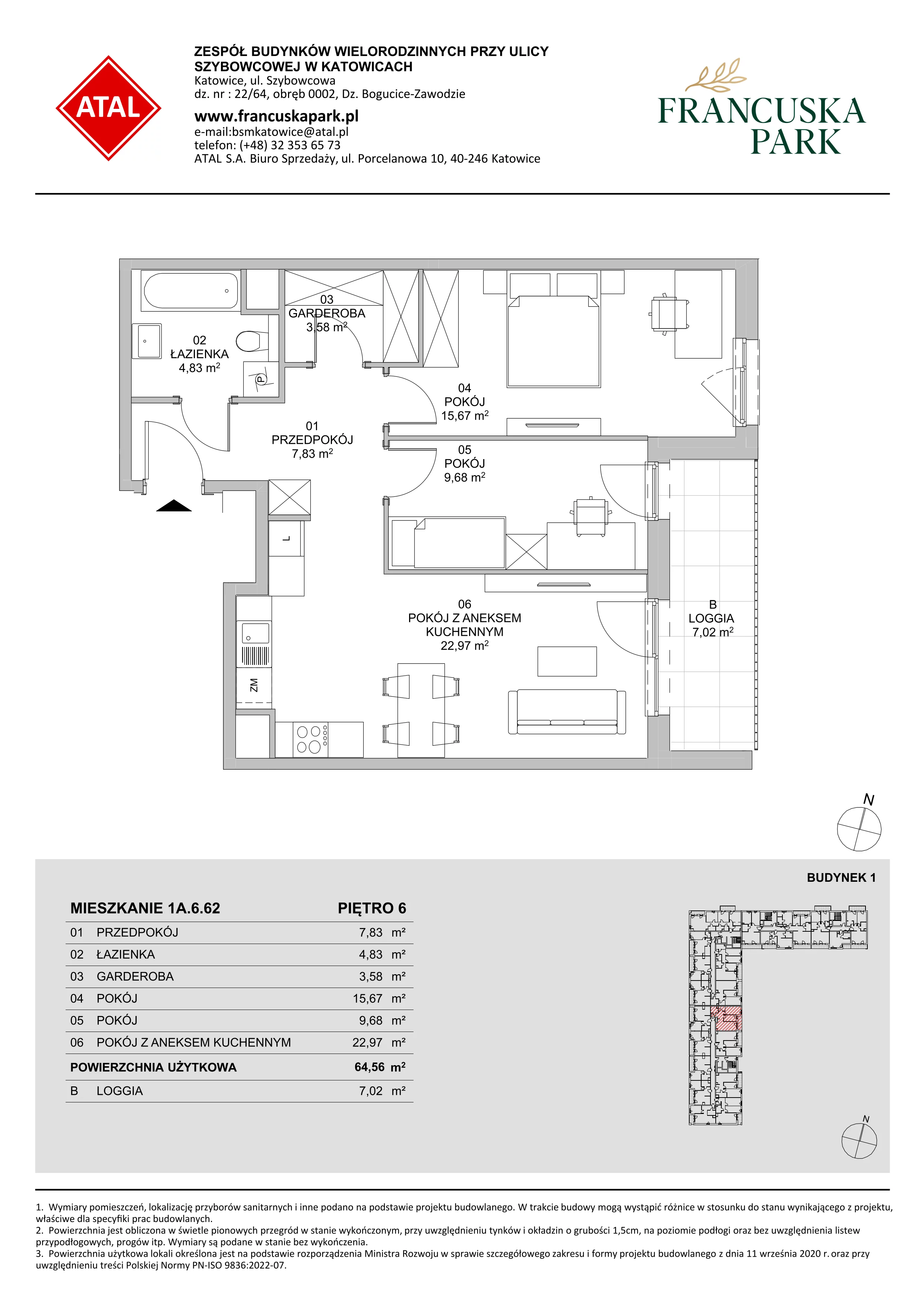 3 pokoje, mieszkanie 64,56 m², piętro 6, oferta nr 1A.6.62, Francuska Park VIIIB, Katowice, Osiedle Paderewskiego-Muchowiec, Muchowiec, ul. Szybowcowa
