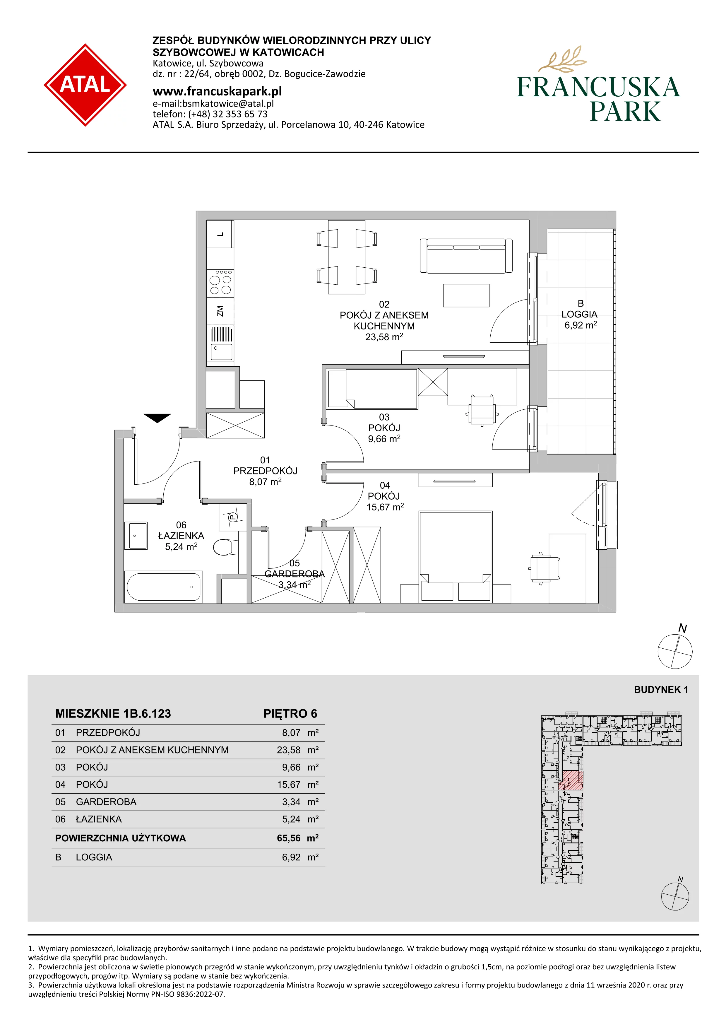 3 pokoje, mieszkanie 65,56 m², piętro 6, oferta nr 1B.6.123, Francuska Park VIIIB, Katowice, Osiedle Paderewskiego-Muchowiec, Muchowiec, ul. Szybowcowa