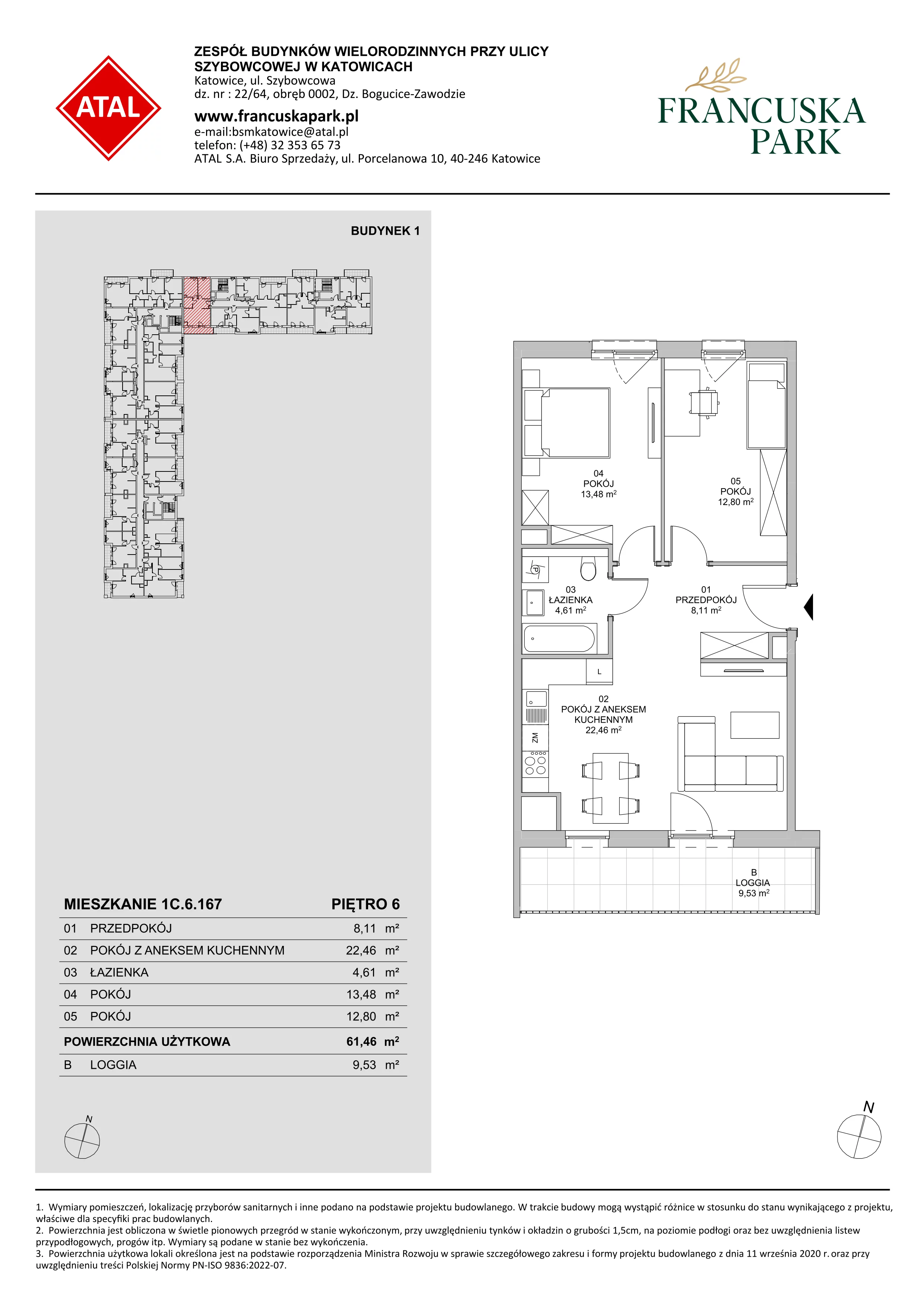 3 pokoje, mieszkanie 61,46 m², piętro 6, oferta nr 1C.6.167, Francuska Park VIIIB, Katowice, Osiedle Paderewskiego-Muchowiec, Muchowiec, ul. Szybowcowa