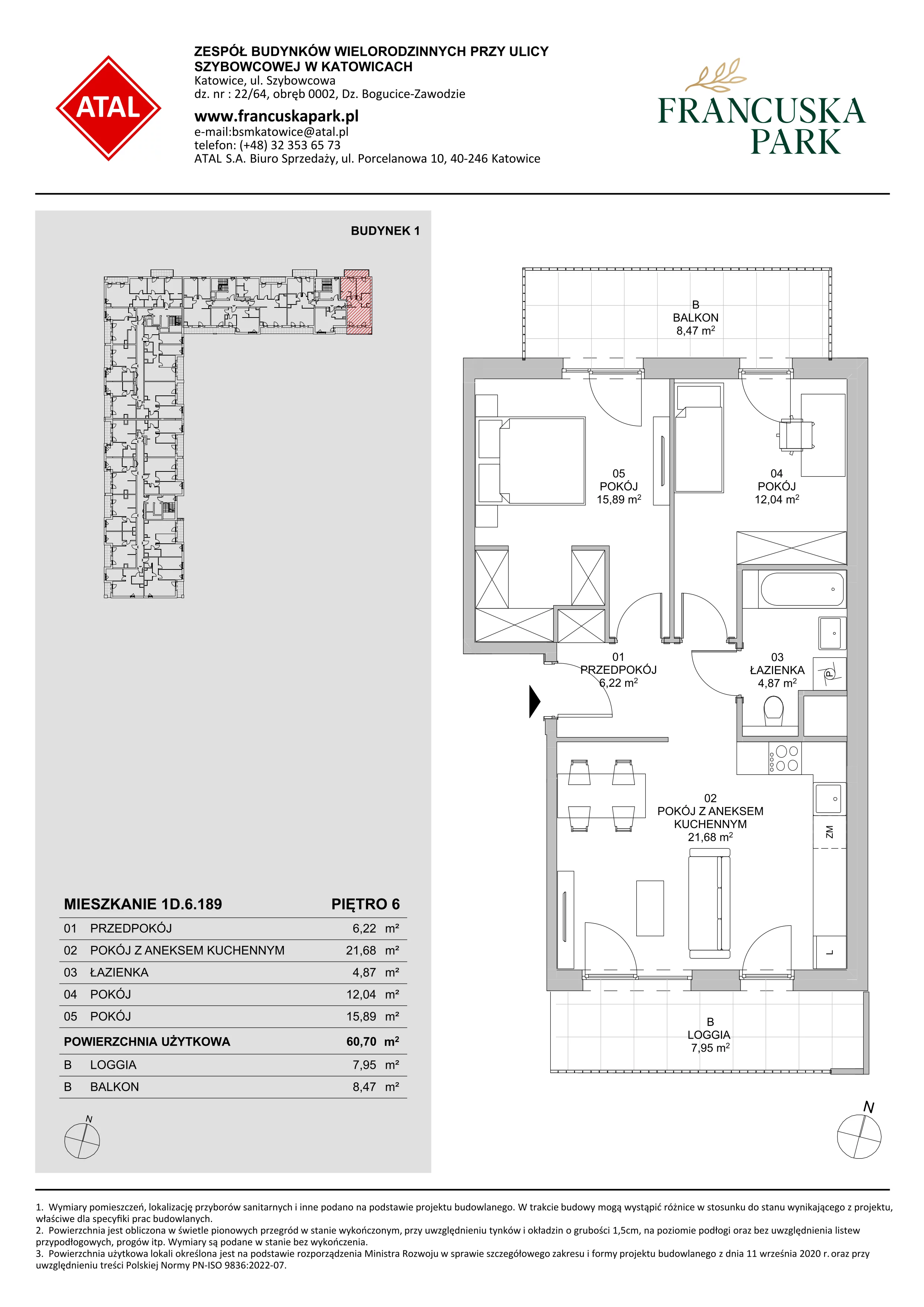 3 pokoje, mieszkanie 60,70 m², piętro 6, oferta nr 1D.6.189, Francuska Park VIIIB, Katowice, Osiedle Paderewskiego-Muchowiec, Muchowiec, ul. Szybowcowa