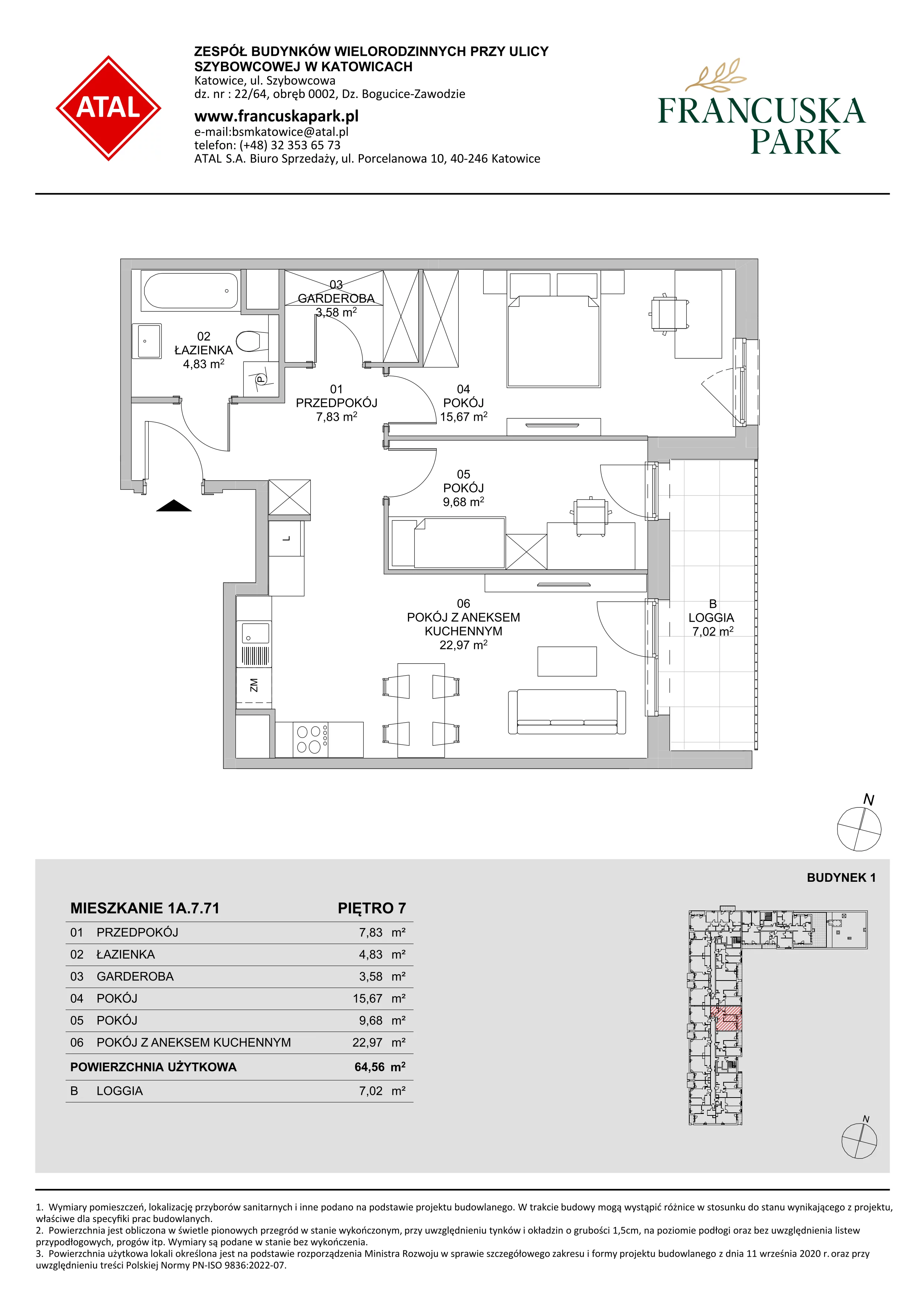 3 pokoje, mieszkanie 64,56 m², piętro 7, oferta nr 1A.7.71, Francuska Park VIIIB, Katowice, Osiedle Paderewskiego-Muchowiec, Muchowiec, ul. Szybowcowa
