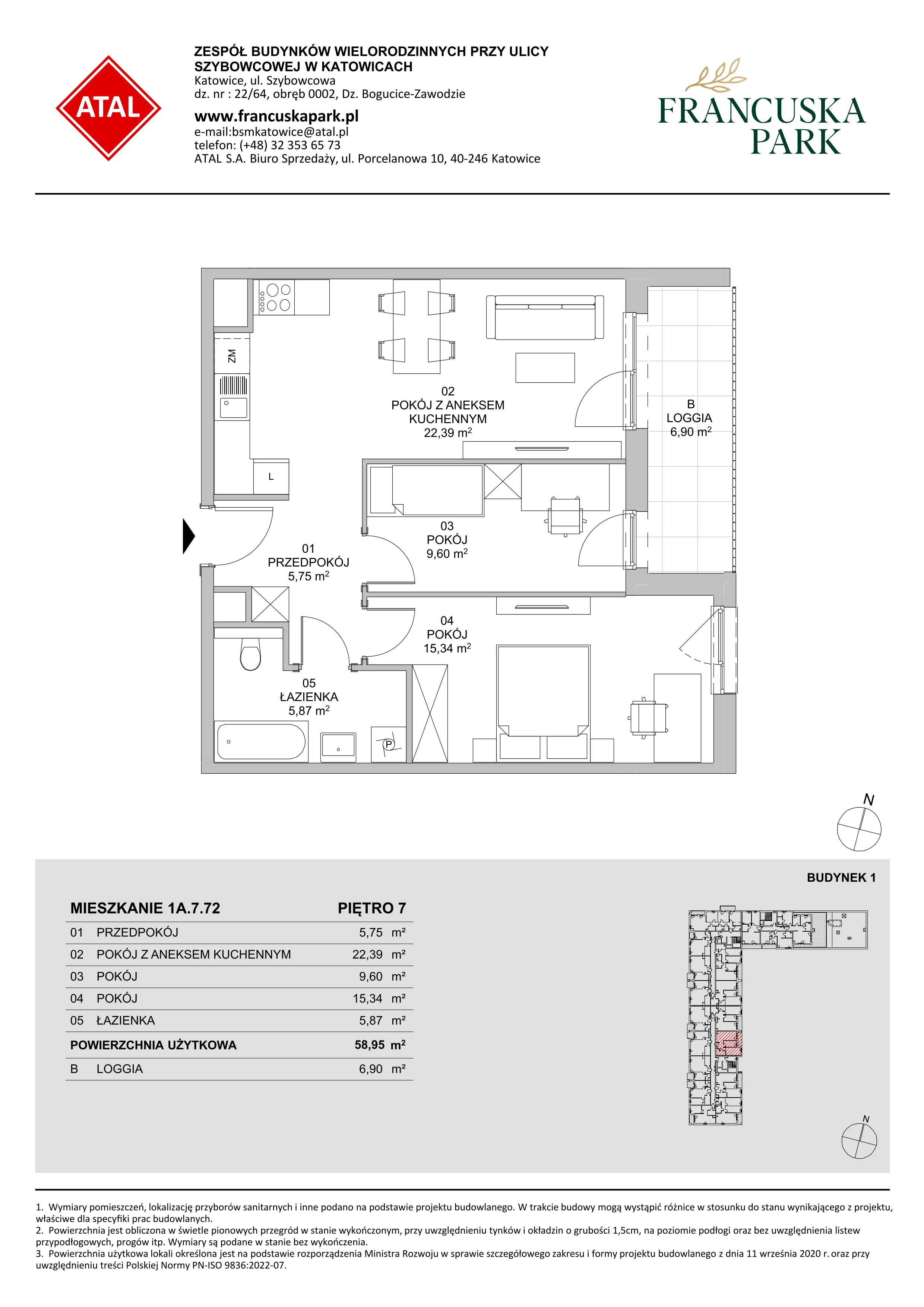 3 pokoje, mieszkanie 58,95 m², piętro 7, oferta nr 1A.7.72, Francuska Park VIIIB, Katowice, Osiedle Paderewskiego-Muchowiec, Muchowiec, ul. Szybowcowa