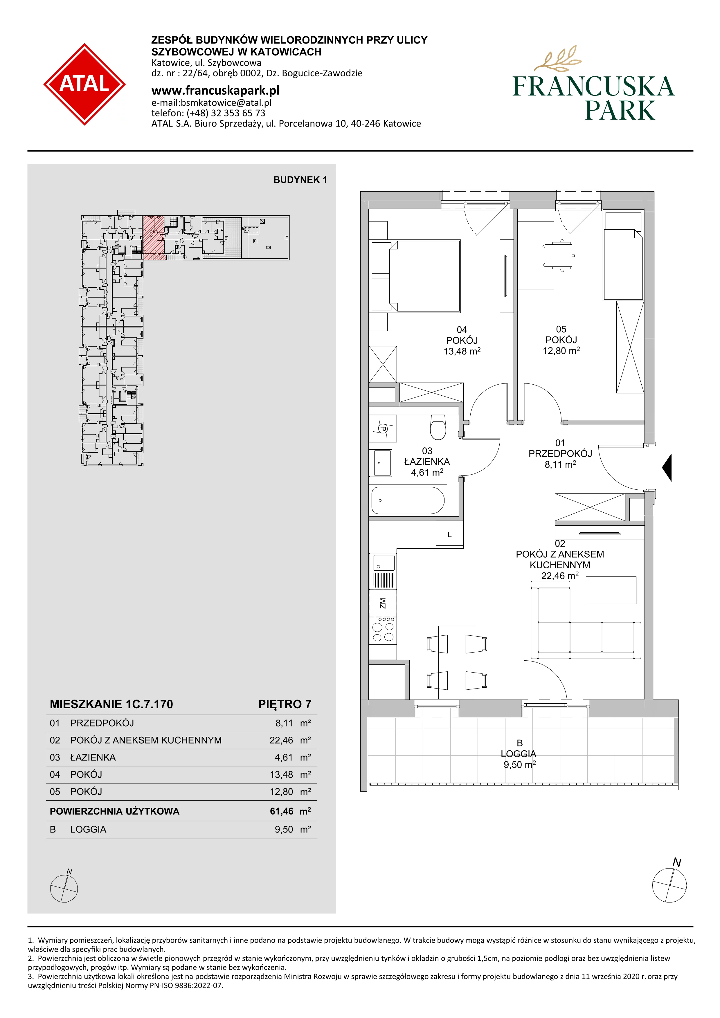 3 pokoje, mieszkanie 61,46 m², piętro 7, oferta nr 1C.7.170, Francuska Park VIIIB, Katowice, Osiedle Paderewskiego-Muchowiec, Muchowiec, ul. Szybowcowa