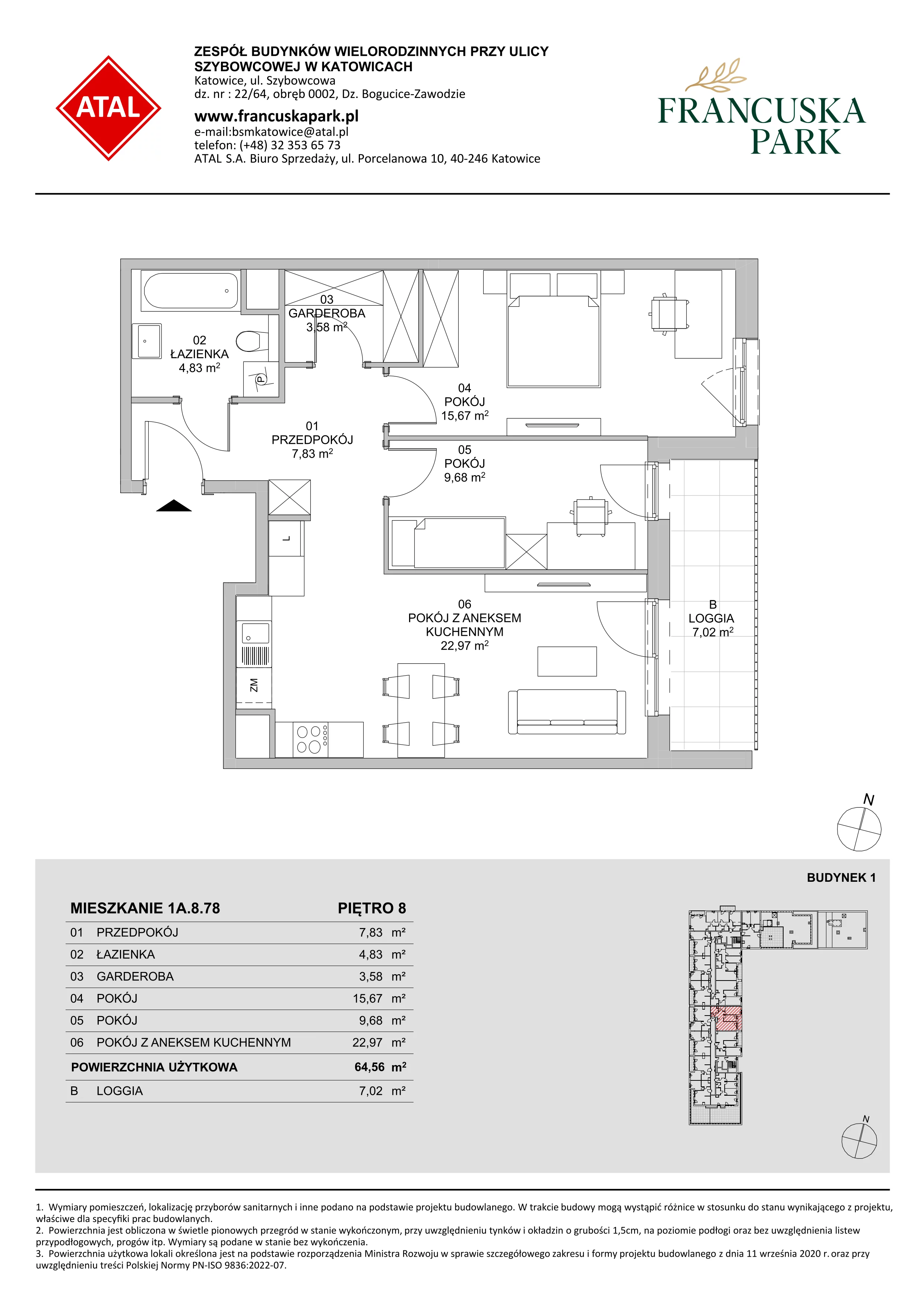 3 pokoje, mieszkanie 64,56 m², piętro 8, oferta nr 1A.8.78, Francuska Park VIIIB, Katowice, Osiedle Paderewskiego-Muchowiec, Muchowiec, ul. Szybowcowa