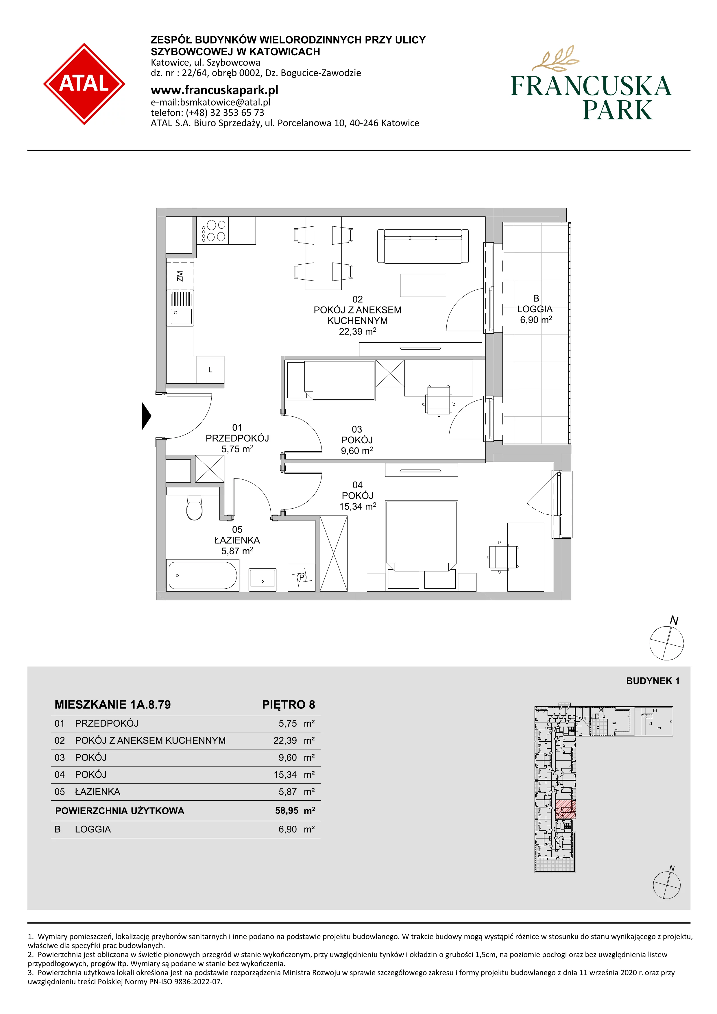 3 pokoje, mieszkanie 58,95 m², piętro 8, oferta nr 1A.8.79, Francuska Park VIIIB, Katowice, Osiedle Paderewskiego-Muchowiec, Muchowiec, ul. Szybowcowa