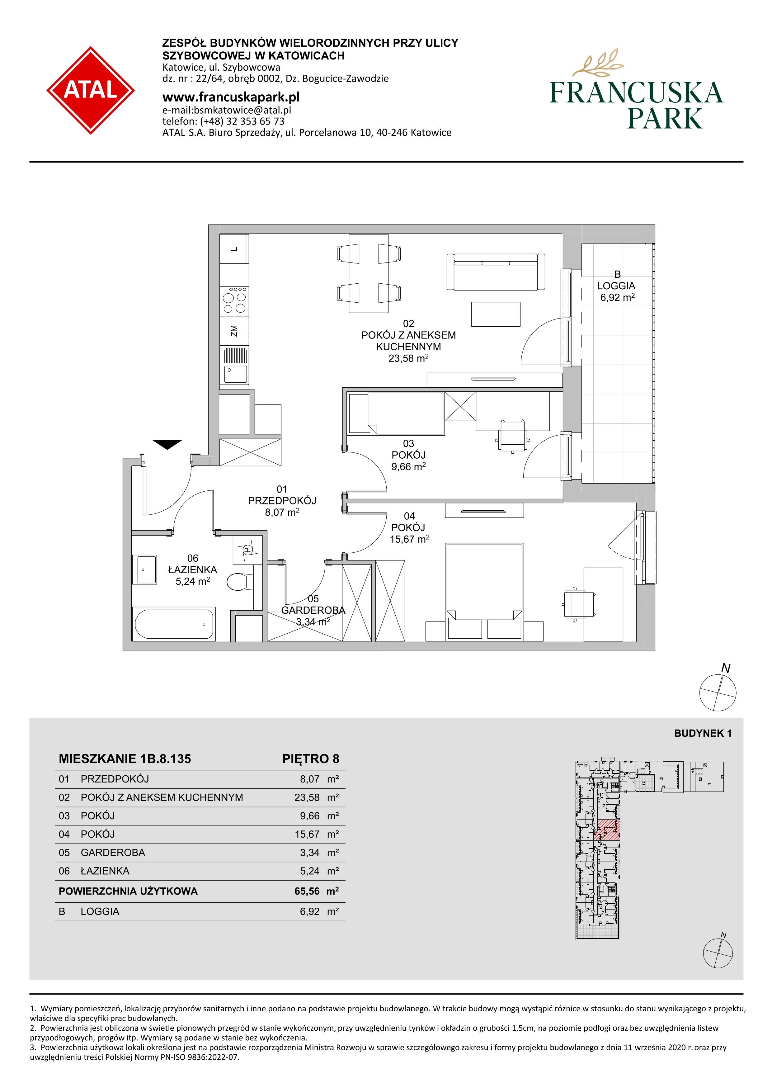 3 pokoje, mieszkanie 65,56 m², piętro 8, oferta nr 1B.8.135, Francuska Park VIIIB, Katowice, Osiedle Paderewskiego-Muchowiec, Muchowiec, ul. Szybowcowa