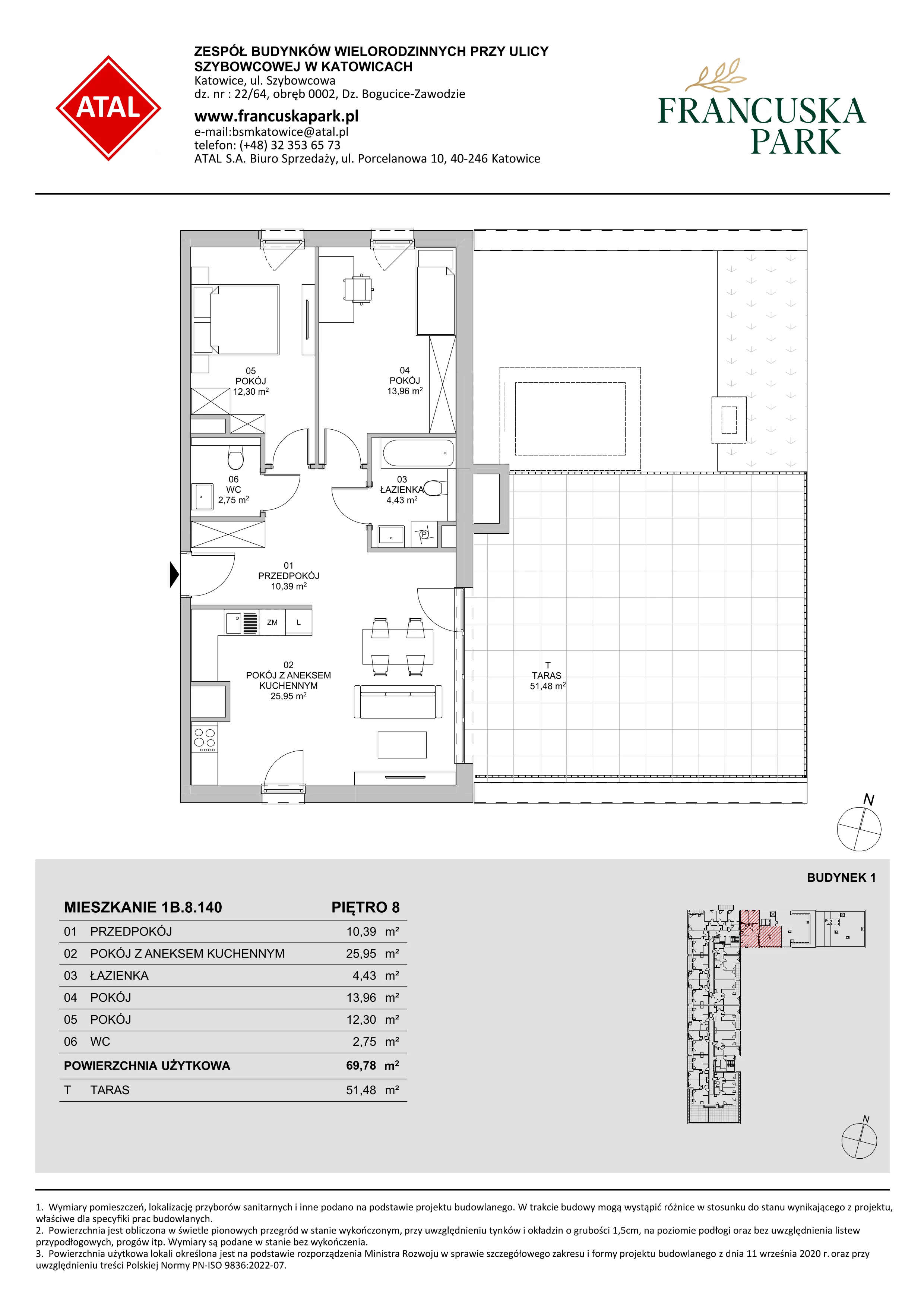 3 pokoje, mieszkanie 69,78 m², piętro 8, oferta nr 1B.8.140, Francuska Park VIIIB, Katowice, Osiedle Paderewskiego-Muchowiec, Muchowiec, ul. Szybowcowa