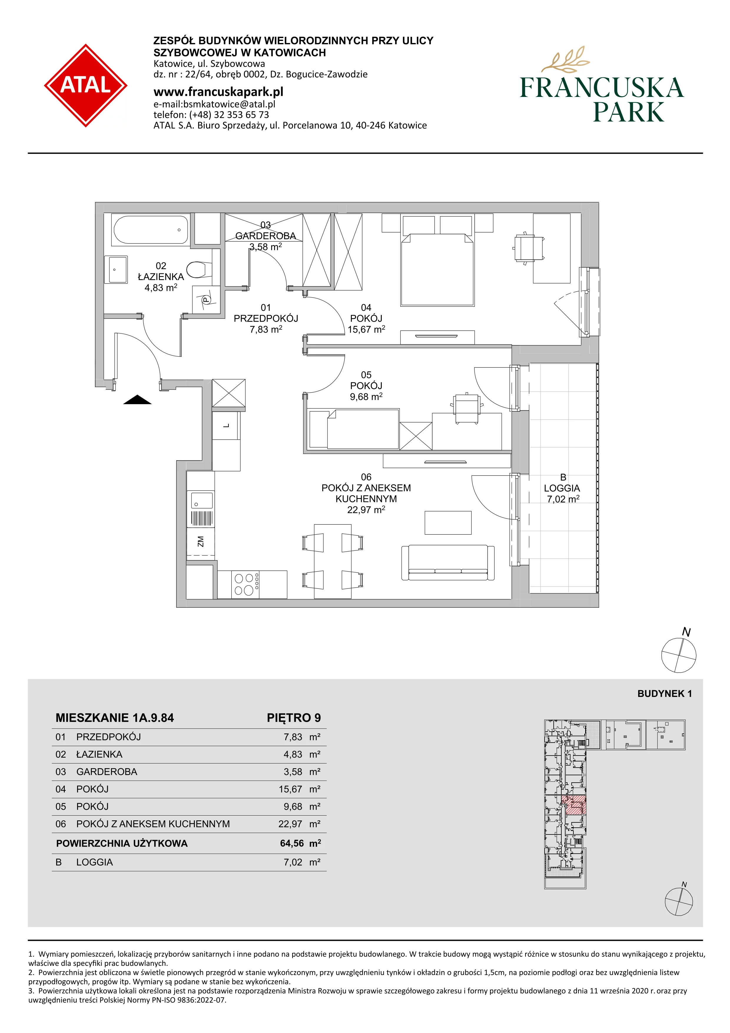 3 pokoje, mieszkanie 64,56 m², piętro 9, oferta nr 1A.9.84, Francuska Park VIIIB, Katowice, Osiedle Paderewskiego-Muchowiec, Muchowiec, ul. Szybowcowa