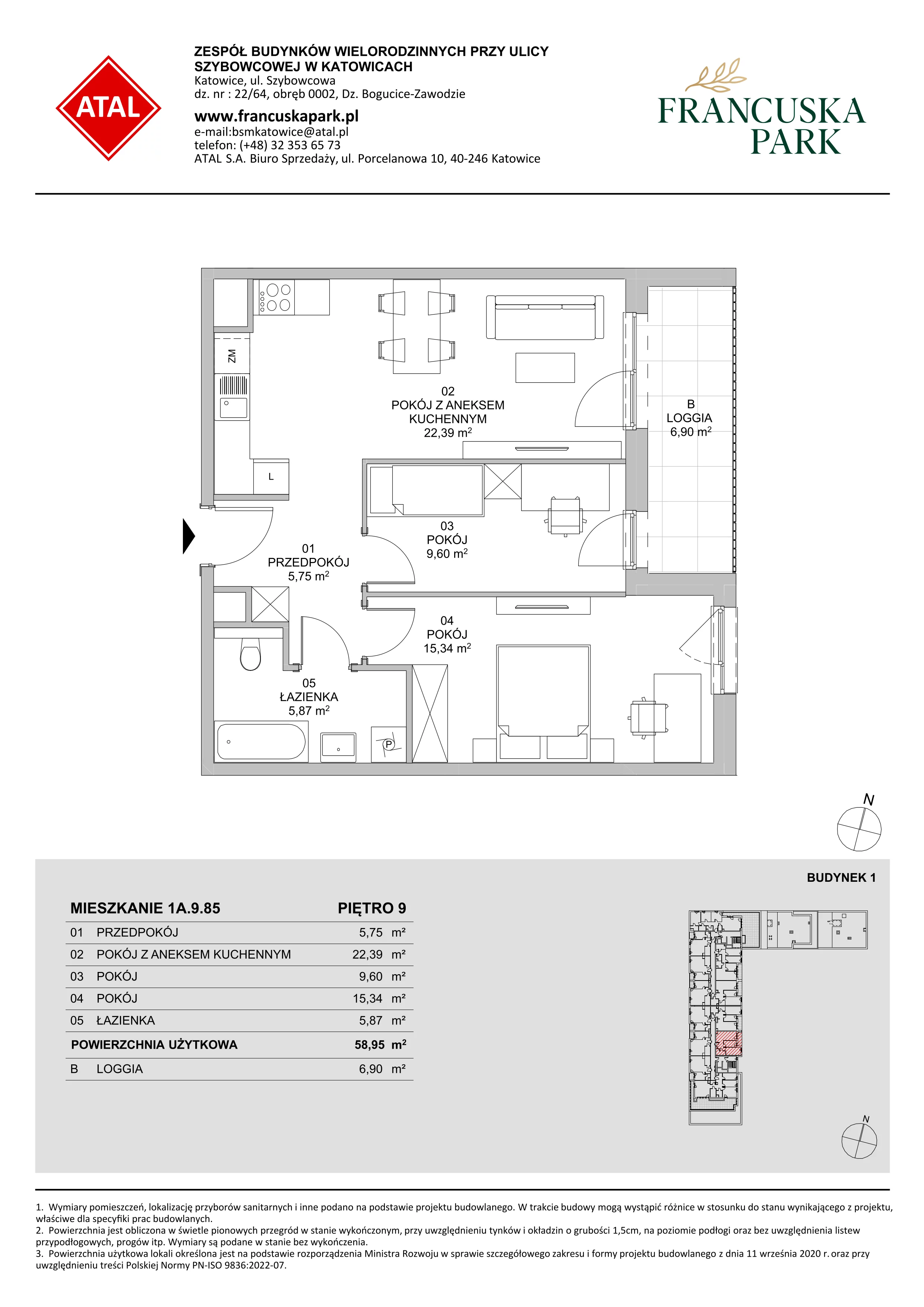 3 pokoje, mieszkanie 58,95 m², piętro 9, oferta nr 1A.9.85, Francuska Park VIIIB, Katowice, Osiedle Paderewskiego-Muchowiec, Muchowiec, ul. Szybowcowa