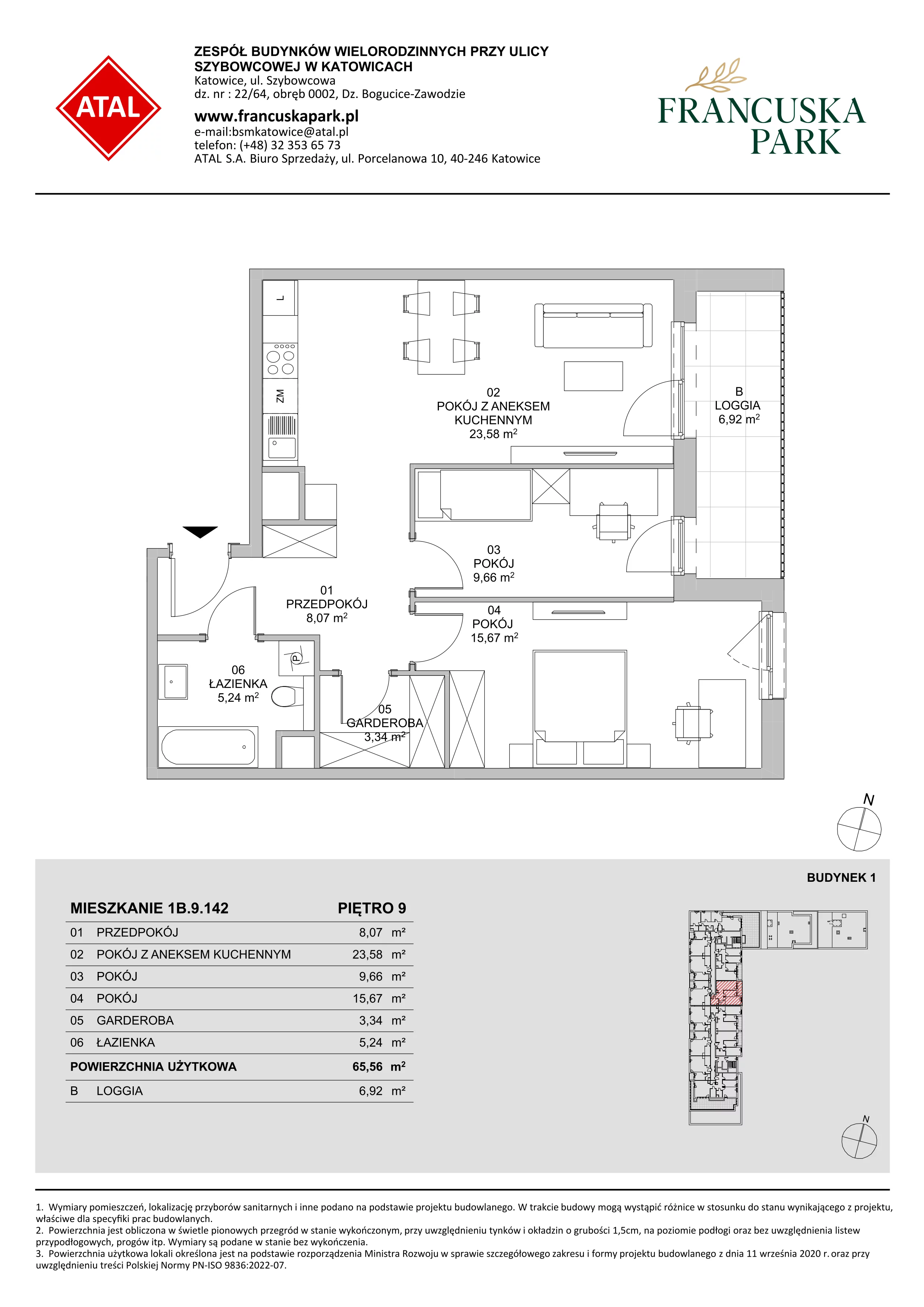 3 pokoje, mieszkanie 65,56 m², piętro 9, oferta nr 1B.9.142, Francuska Park VIIIB, Katowice, Osiedle Paderewskiego-Muchowiec, Muchowiec, ul. Szybowcowa