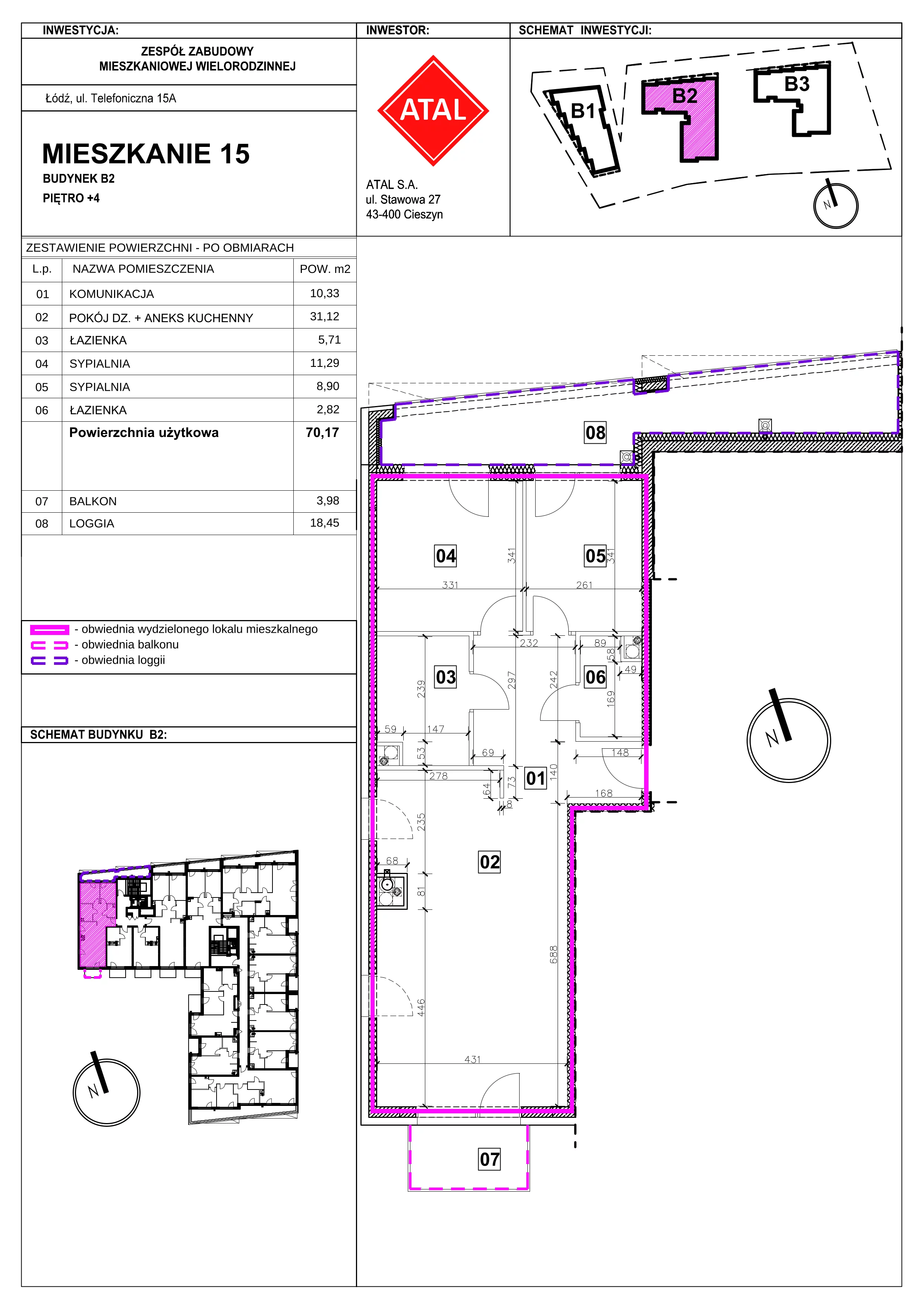 3 pokoje, mieszkanie 70,17 m², piętro 4, oferta nr 2-4-51, ATAL Aura II, Łódź, Bałuty, ul. Telefoniczna 15/17