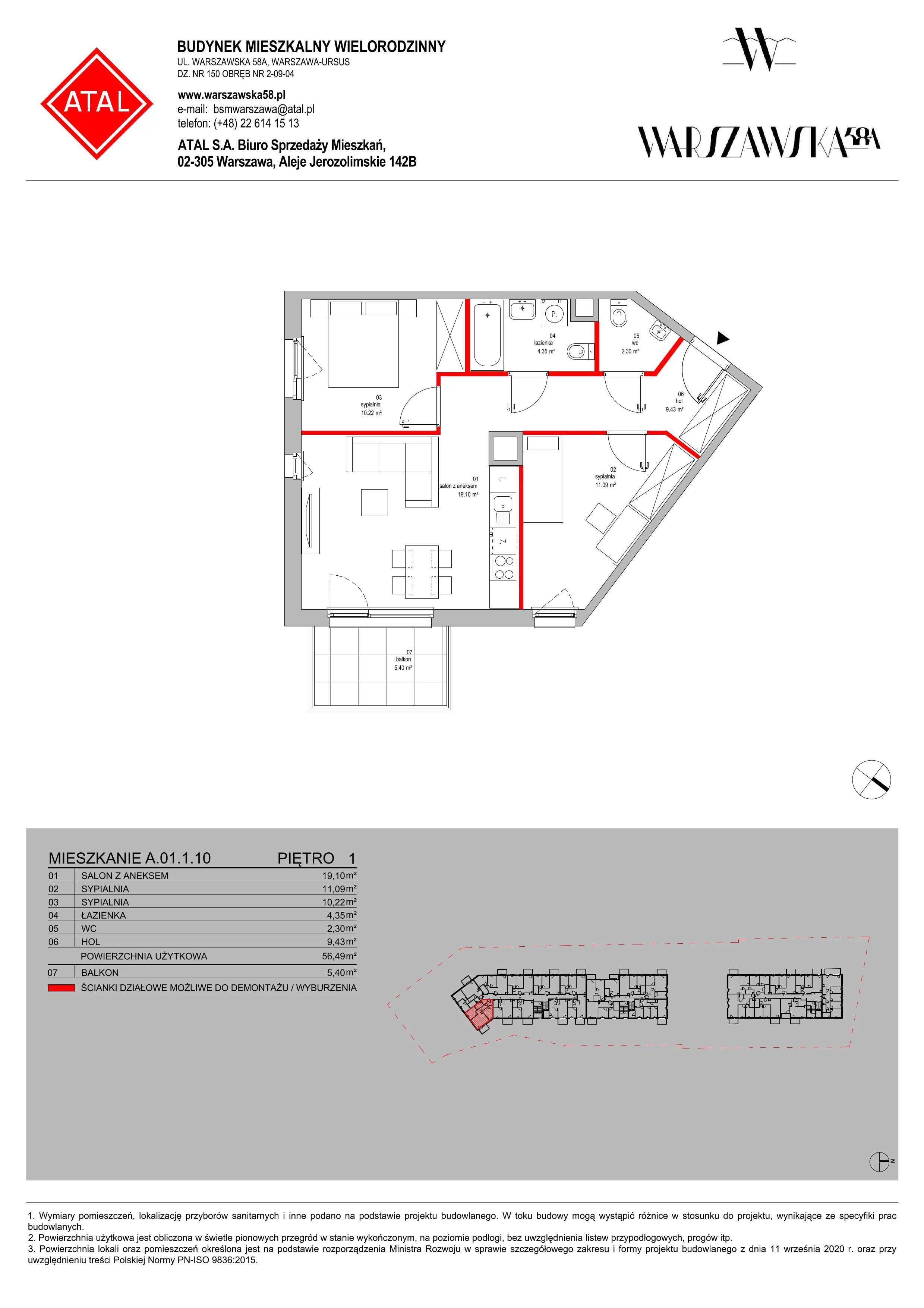 Mieszkanie 56,49 m², piętro 1, oferta nr A.01.1.10, Warszawska 58A, Warszawa, Ursus, Niedźwiadek, ul. Warszawska 58a