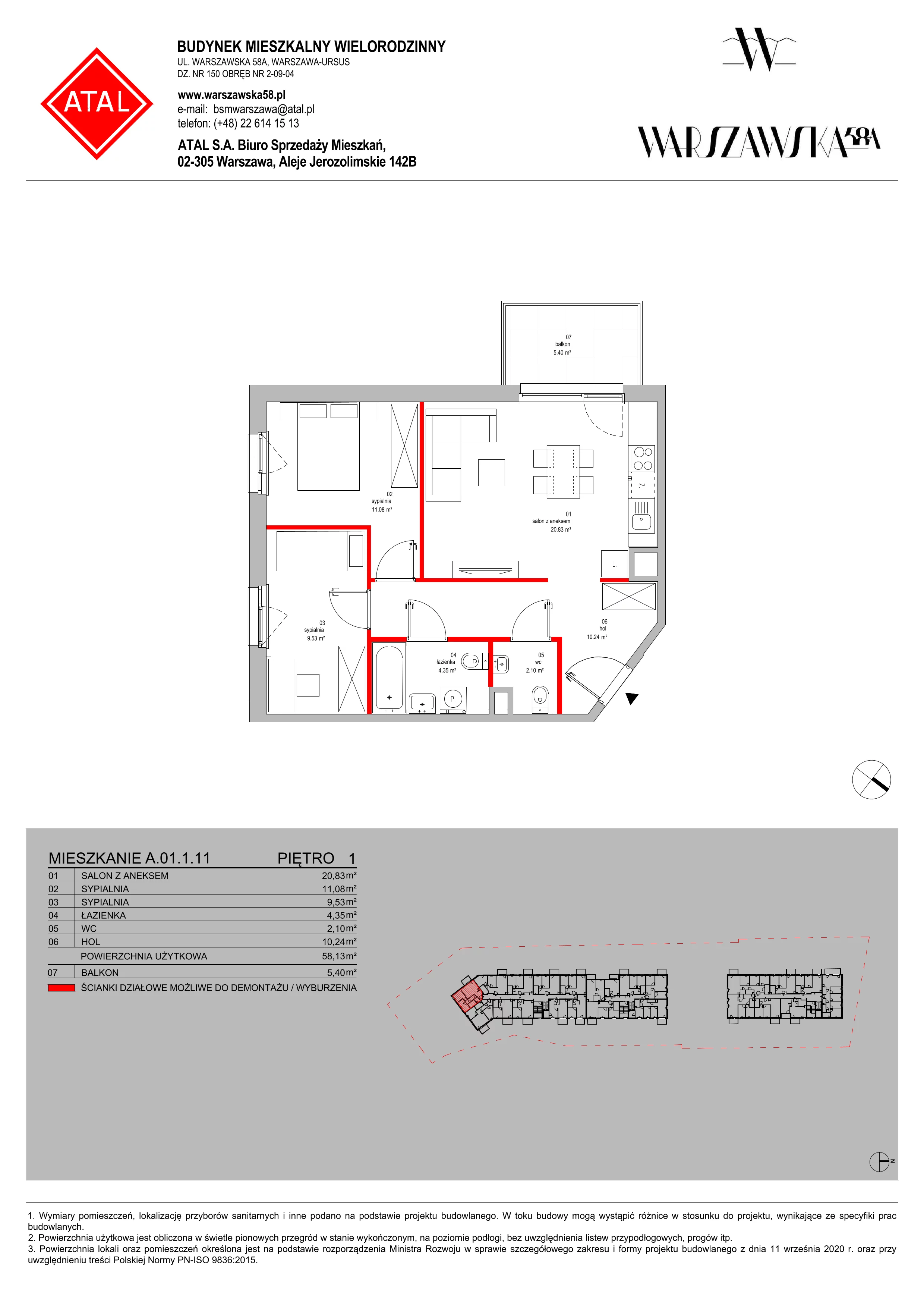 Mieszkanie 58,13 m², piętro 1, oferta nr A.01.1.11, Warszawska 58A, Warszawa, Ursus, Niedźwiadek, ul. Warszawska 58a