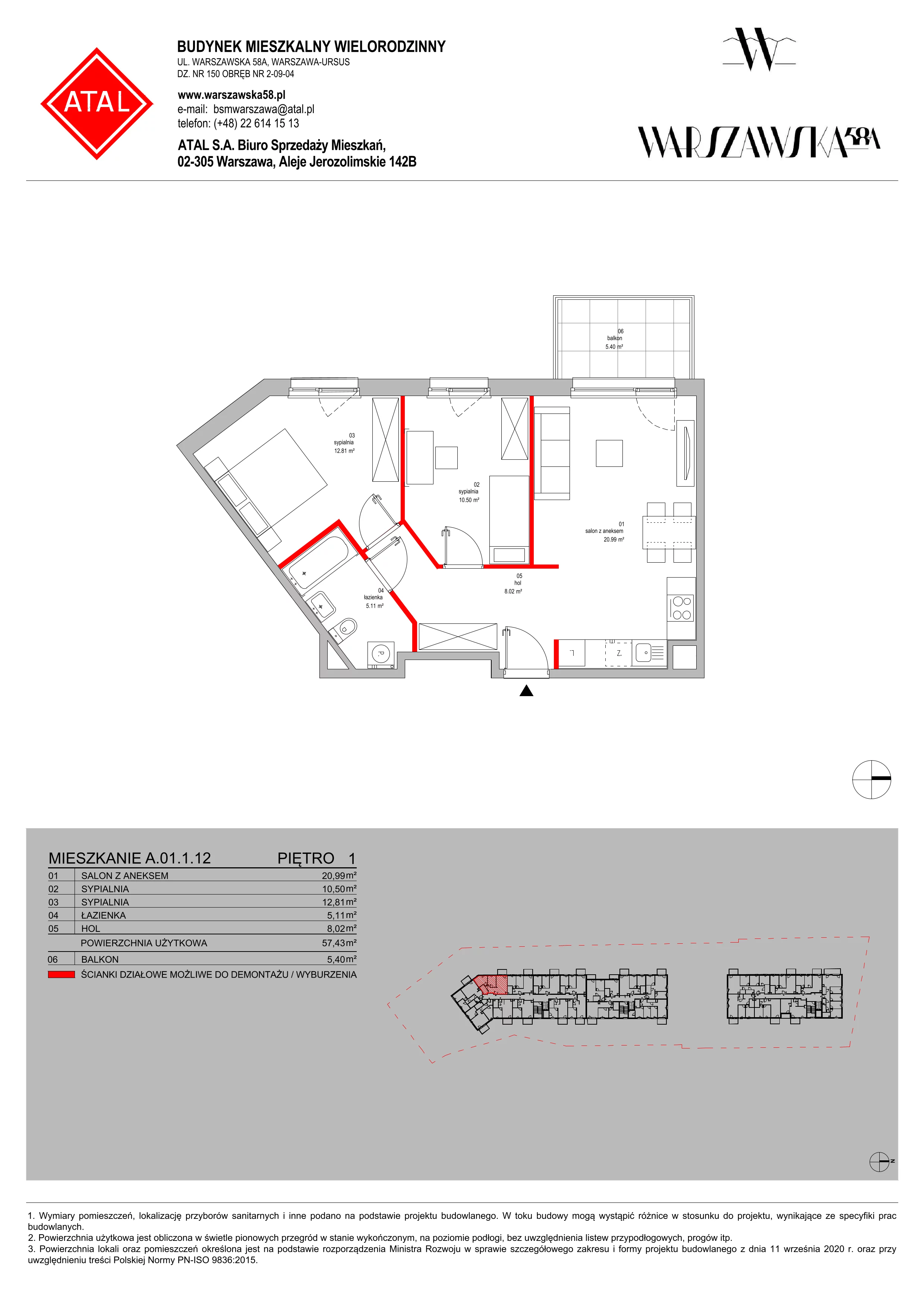 Mieszkanie 57,43 m², piętro 1, oferta nr A.01.1.12, Warszawska 58A, Warszawa, Ursus, Niedźwiadek, ul. Warszawska 58a