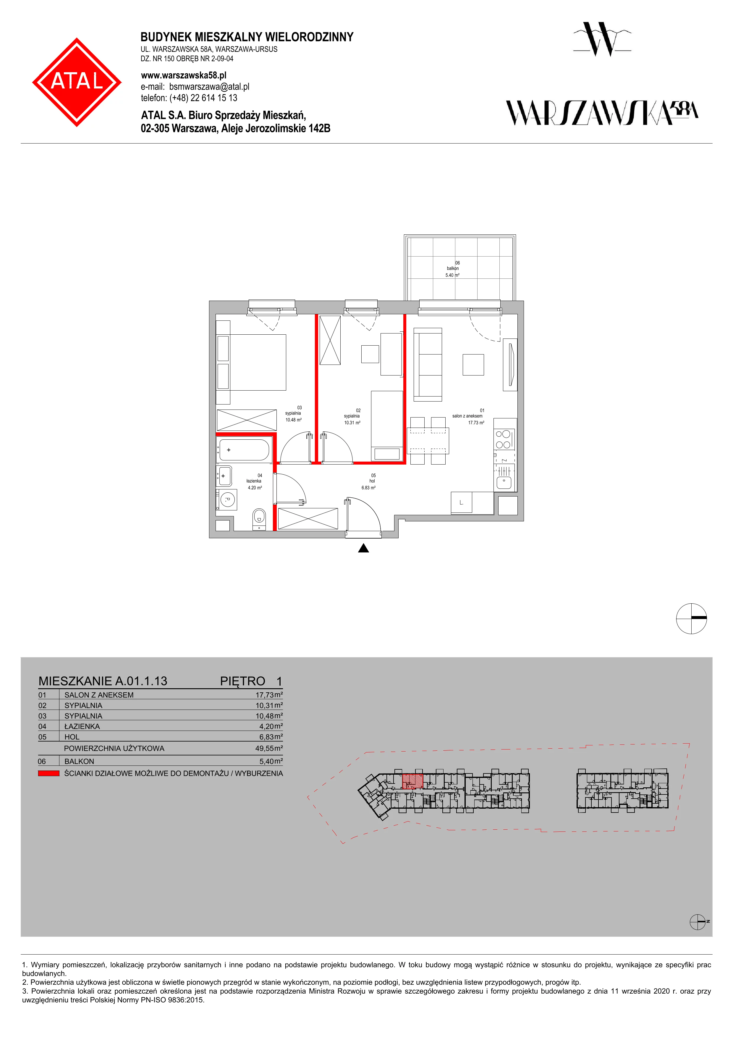 Mieszkanie 49,55 m², piętro 1, oferta nr A.01.1.13, Warszawska 58A, Warszawa, Ursus, Niedźwiadek, ul. Warszawska 58a