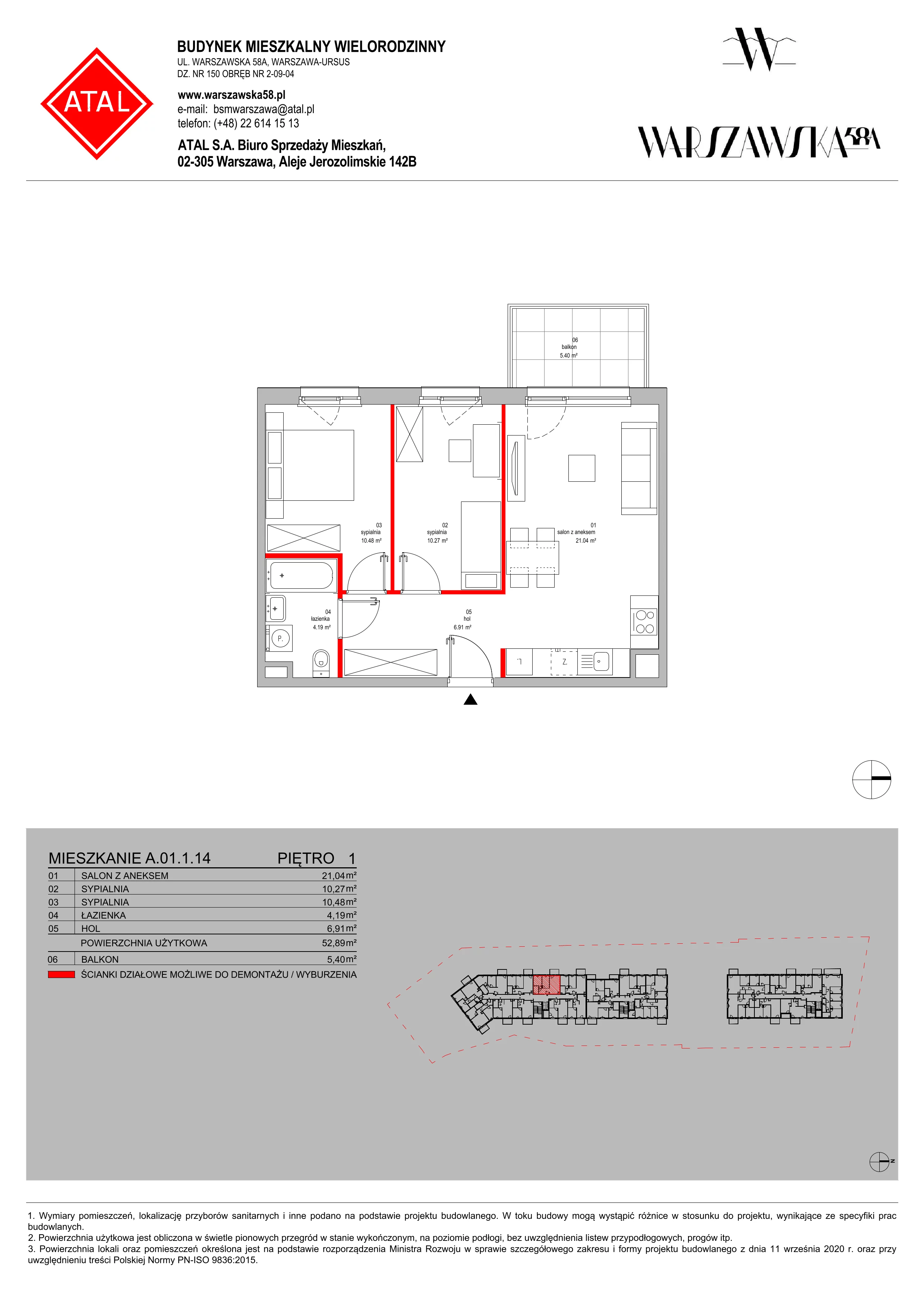 Mieszkanie 52,89 m², piętro 1, oferta nr A.01.1.14, Warszawska 58A, Warszawa, Ursus, Niedźwiadek, ul. Warszawska 58a