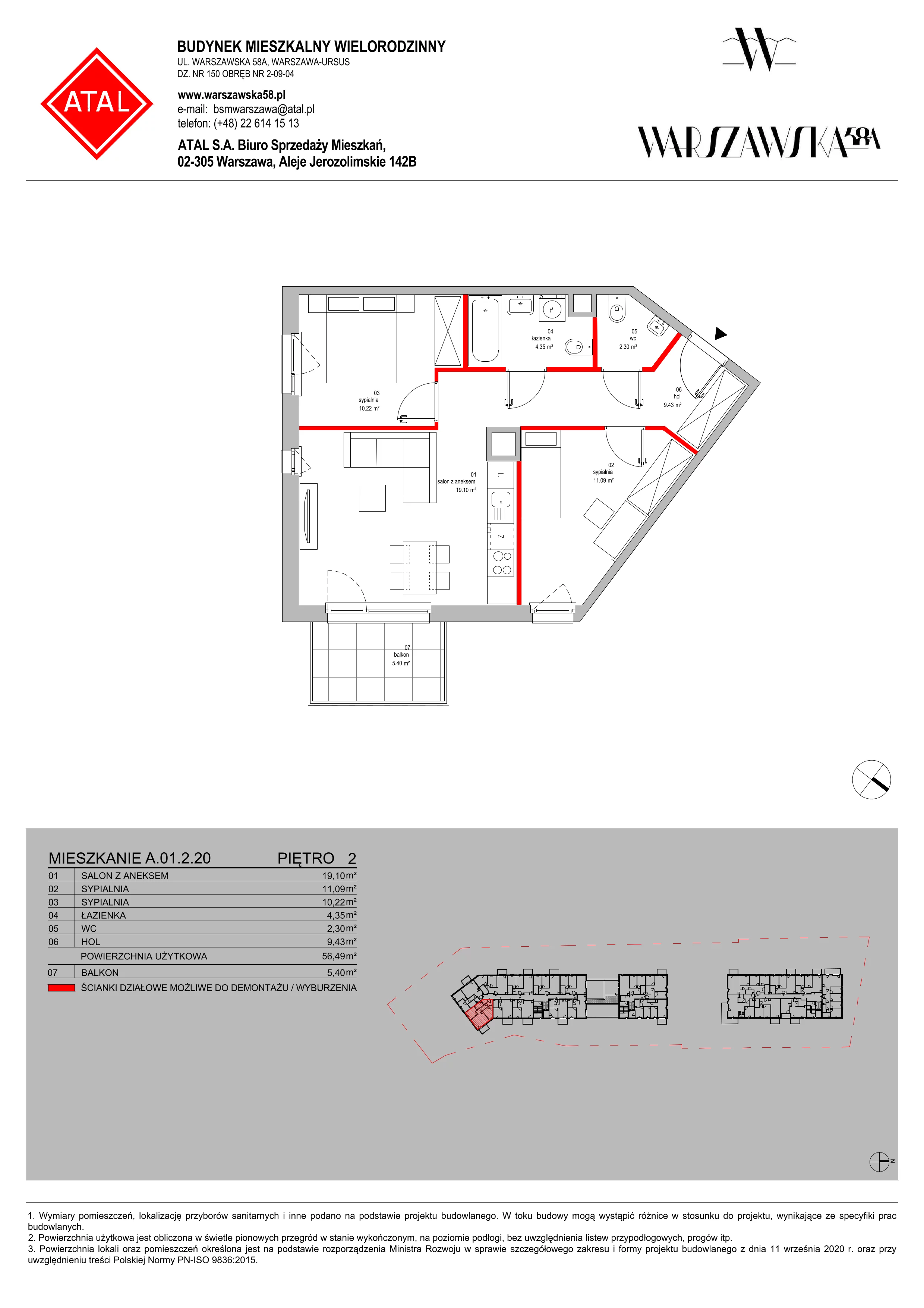 Mieszkanie 56,49 m², piętro 2, oferta nr A.01.2.20, Warszawska 58A, Warszawa, Ursus, Niedźwiadek, ul. Warszawska 58a