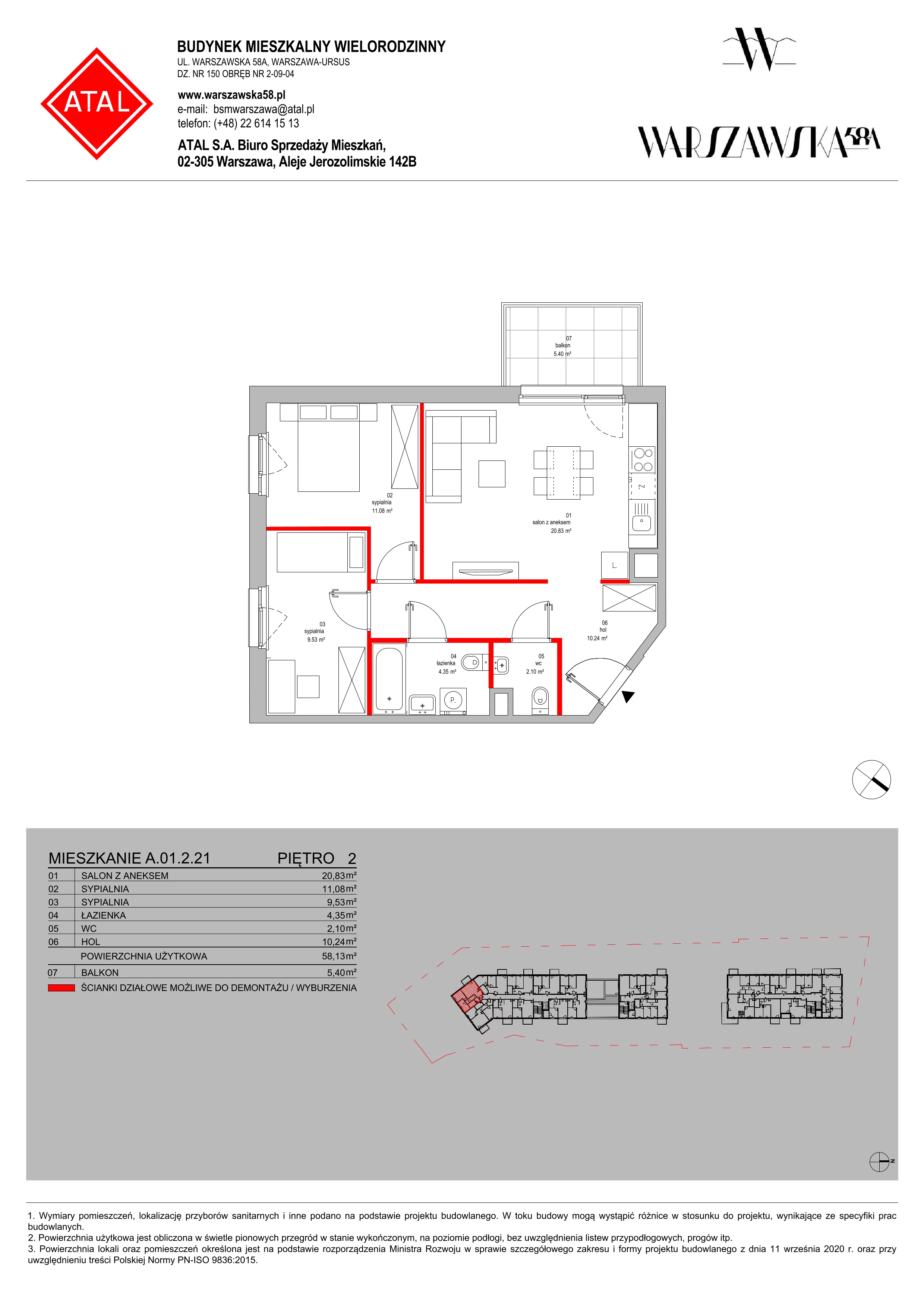 Mieszkanie 58,13 m², piętro 2, oferta nr A.01.2.21, Warszawska 58A, Warszawa, Ursus, Niedźwiadek, ul. Warszawska 58a