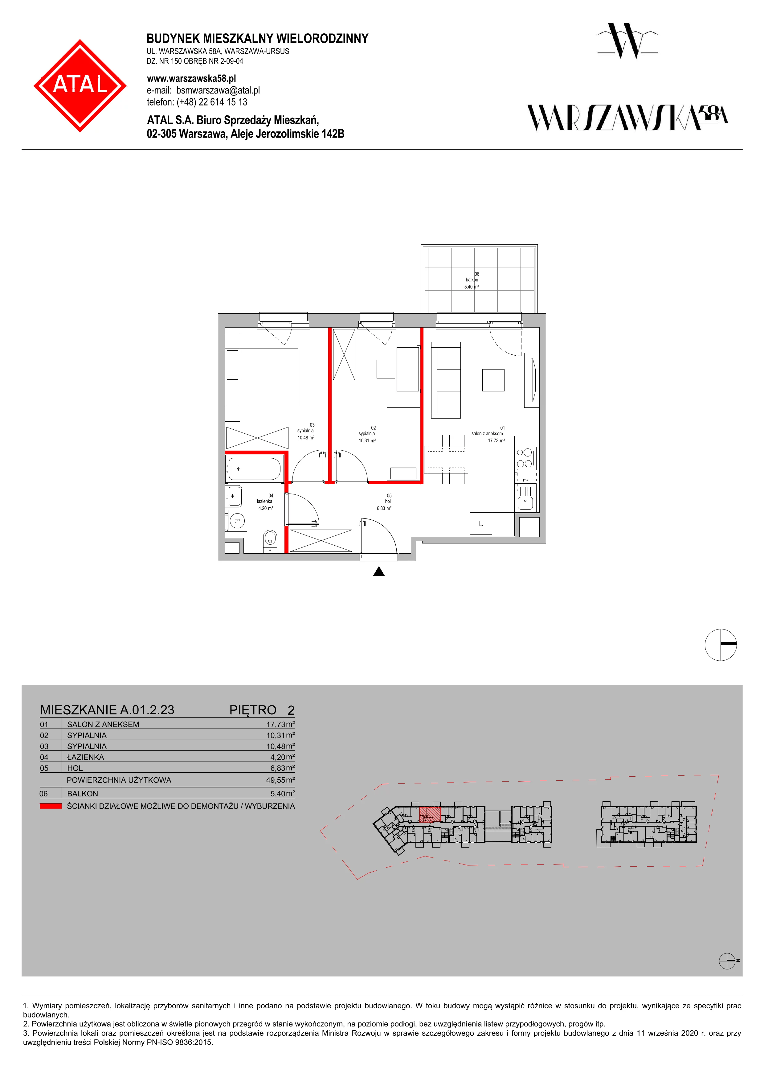 Mieszkanie 49,55 m², piętro 2, oferta nr A.01.2.23, Warszawska 58A, Warszawa, Ursus, Niedźwiadek, ul. Warszawska 58a