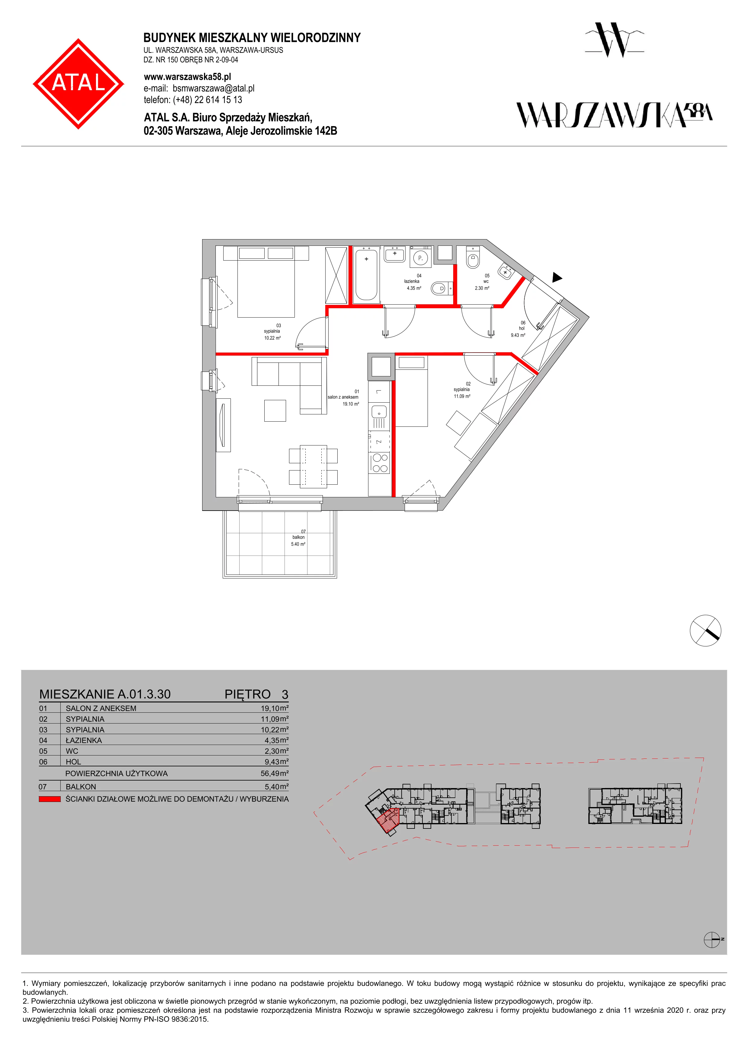 Mieszkanie 56,49 m², piętro 3, oferta nr A.01.3.30, Warszawska 58A, Warszawa, Ursus, Niedźwiadek, ul. Warszawska 58a