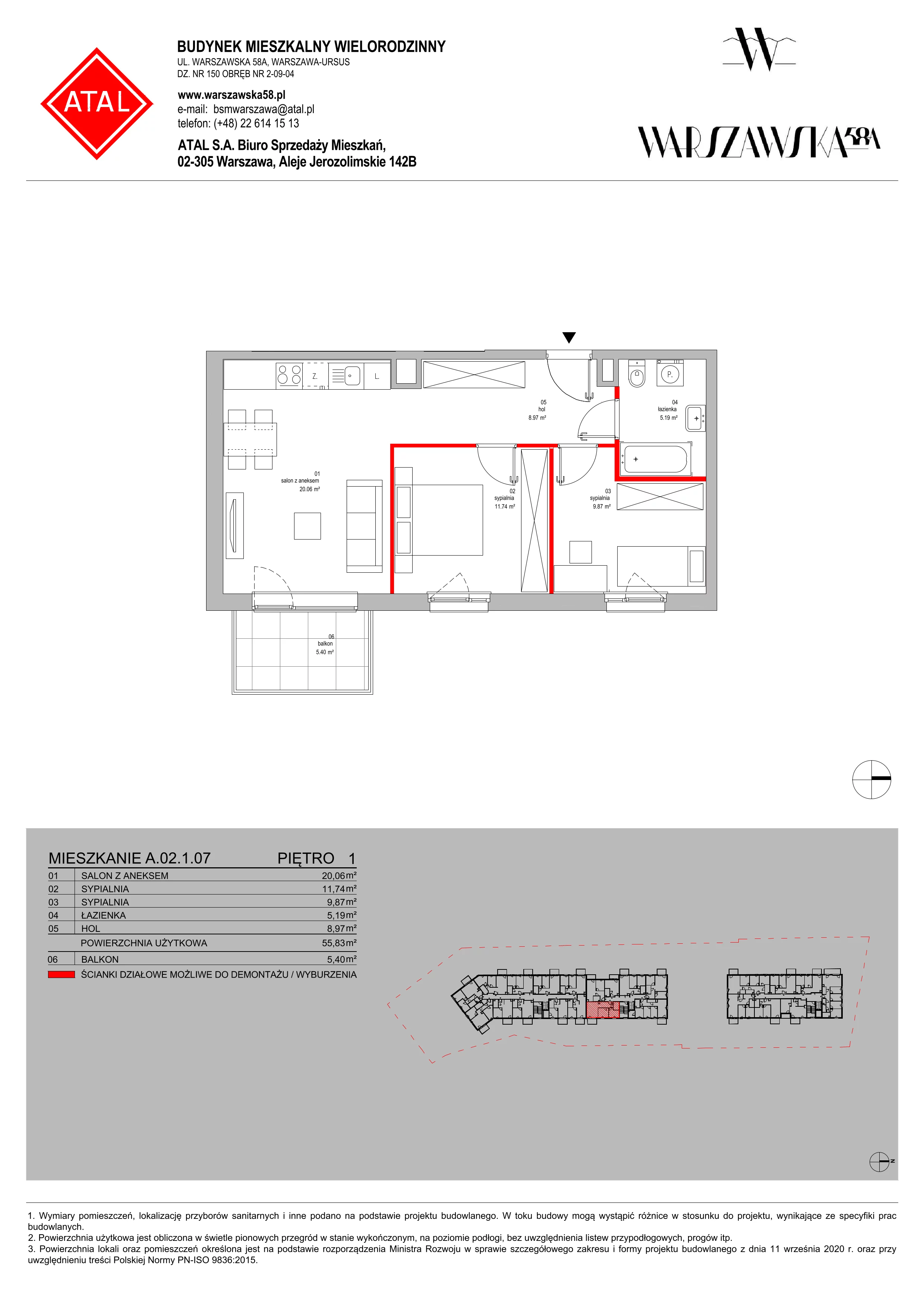 Mieszkanie 55,83 m², piętro 1, oferta nr A.02.1.07, Warszawska 58A, Warszawa, Ursus, Niedźwiadek, ul. Warszawska 58a