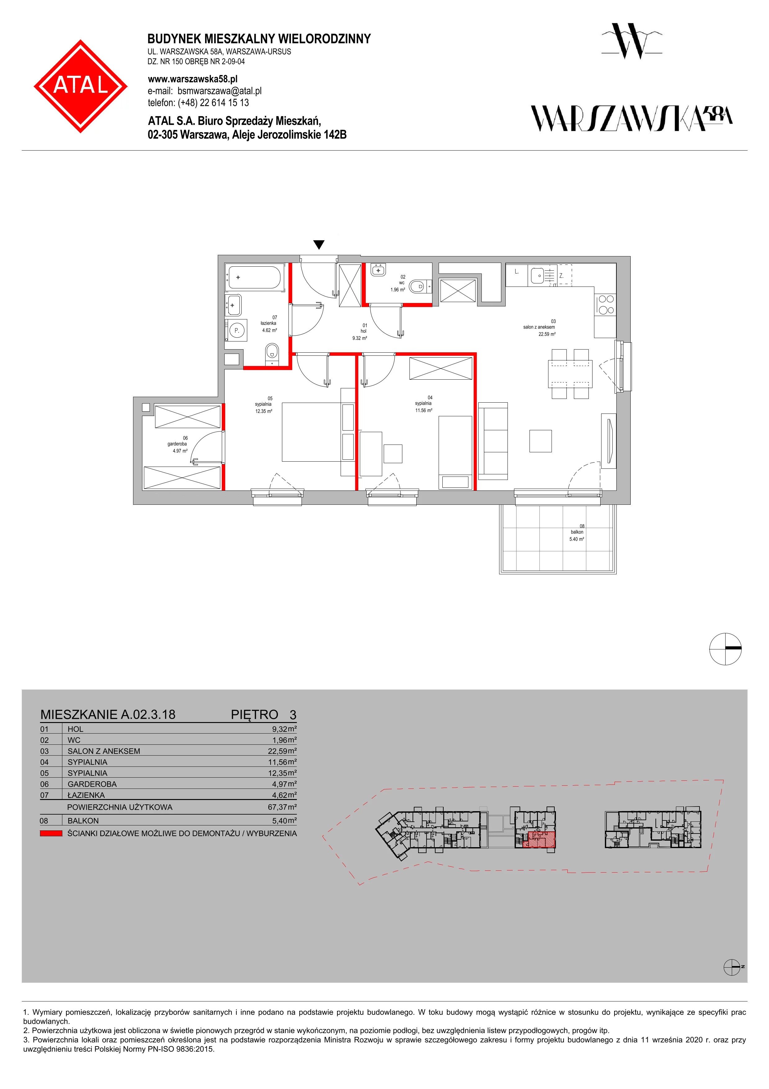 Mieszkanie 67,37 m², piętro 3, oferta nr A.02.3.18, Warszawska 58A, Warszawa, Ursus, Niedźwiadek, ul. Warszawska 58a