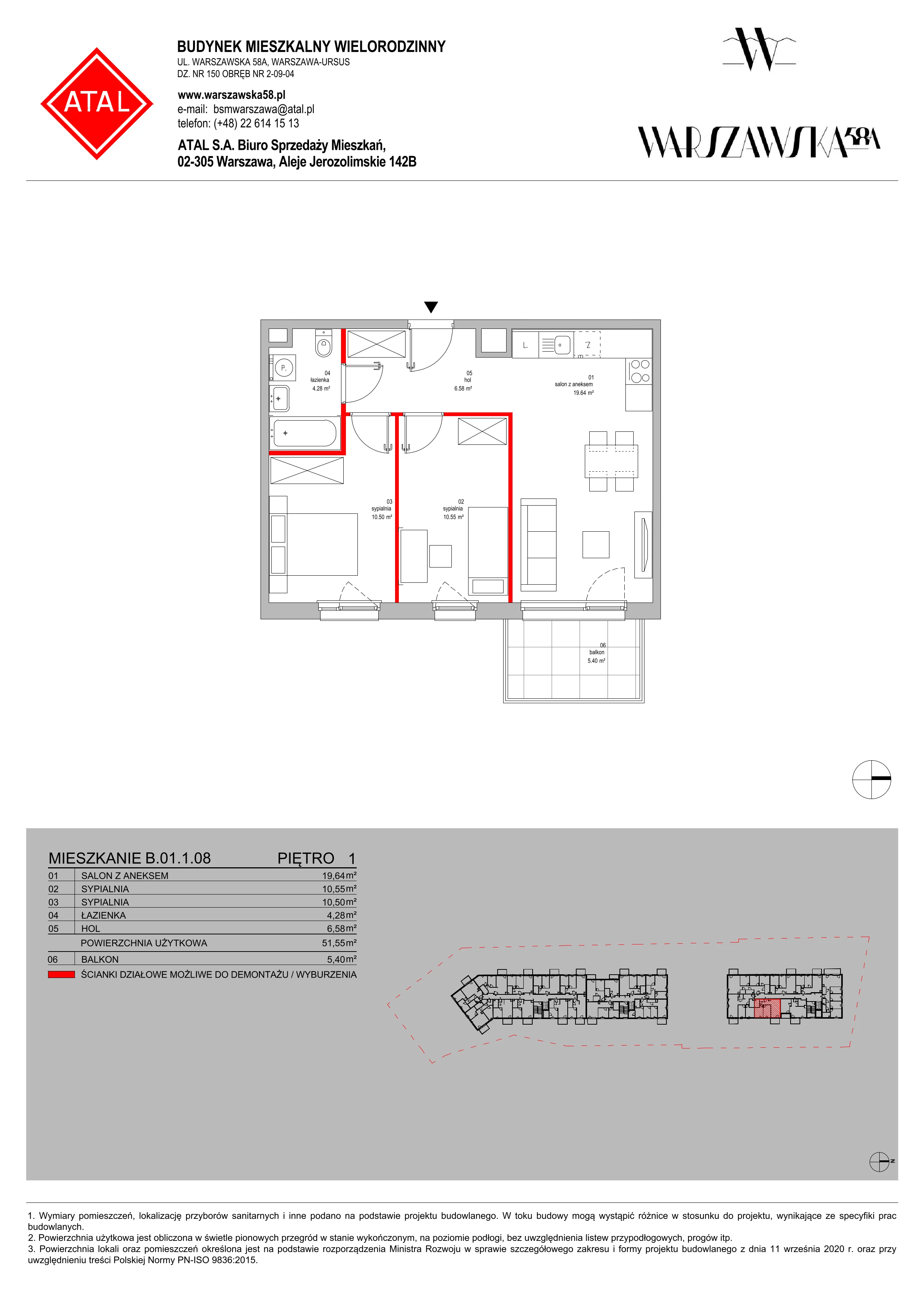 Mieszkanie 51,55 m², piętro 1, oferta nr B.01.1.08, Warszawska 58A, Warszawa, Ursus, Niedźwiadek, ul. Warszawska 58a