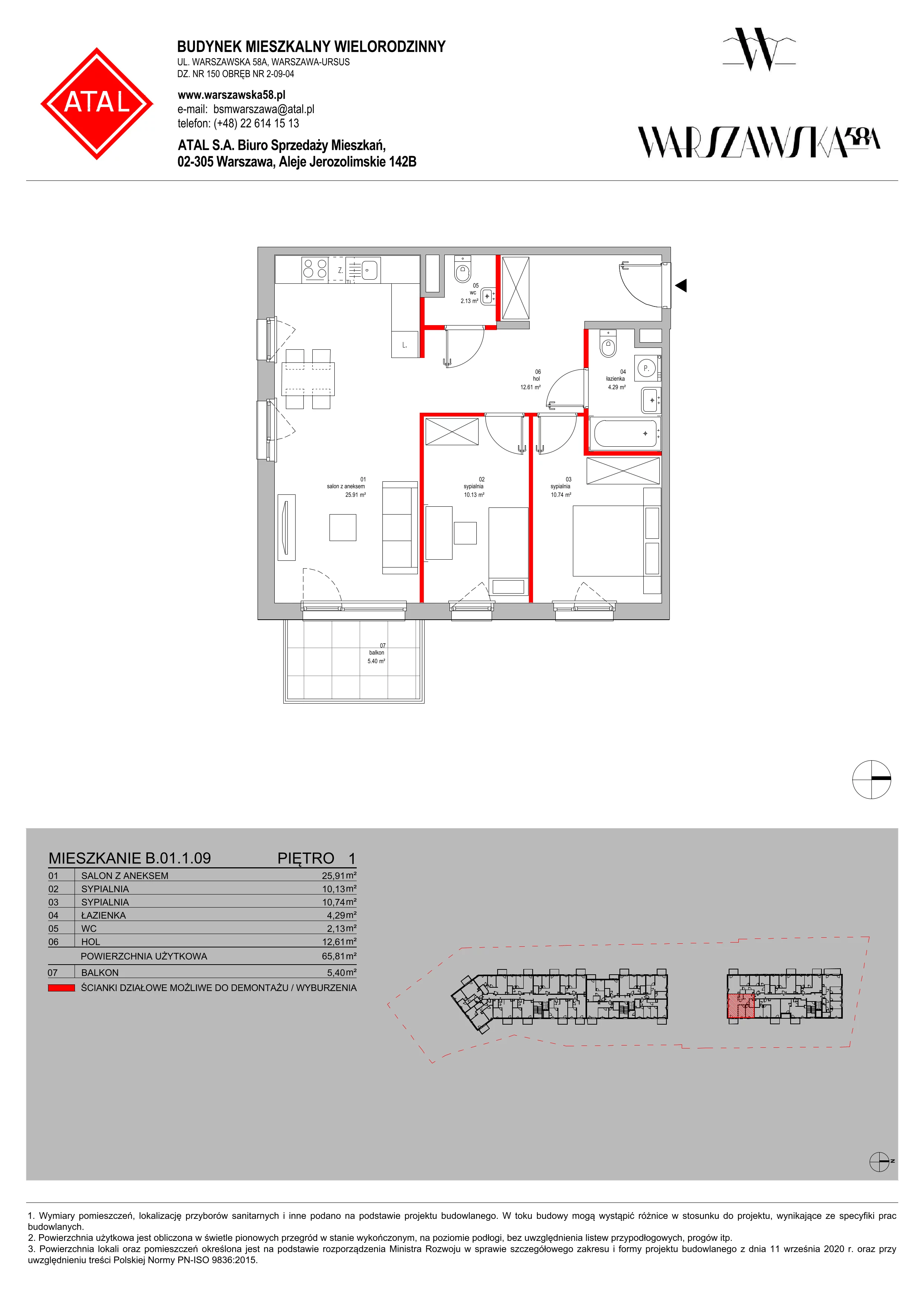 Mieszkanie 65,81 m², piętro 1, oferta nr B.01.1.09, Warszawska 58A, Warszawa, Ursus, Niedźwiadek, ul. Warszawska 58a